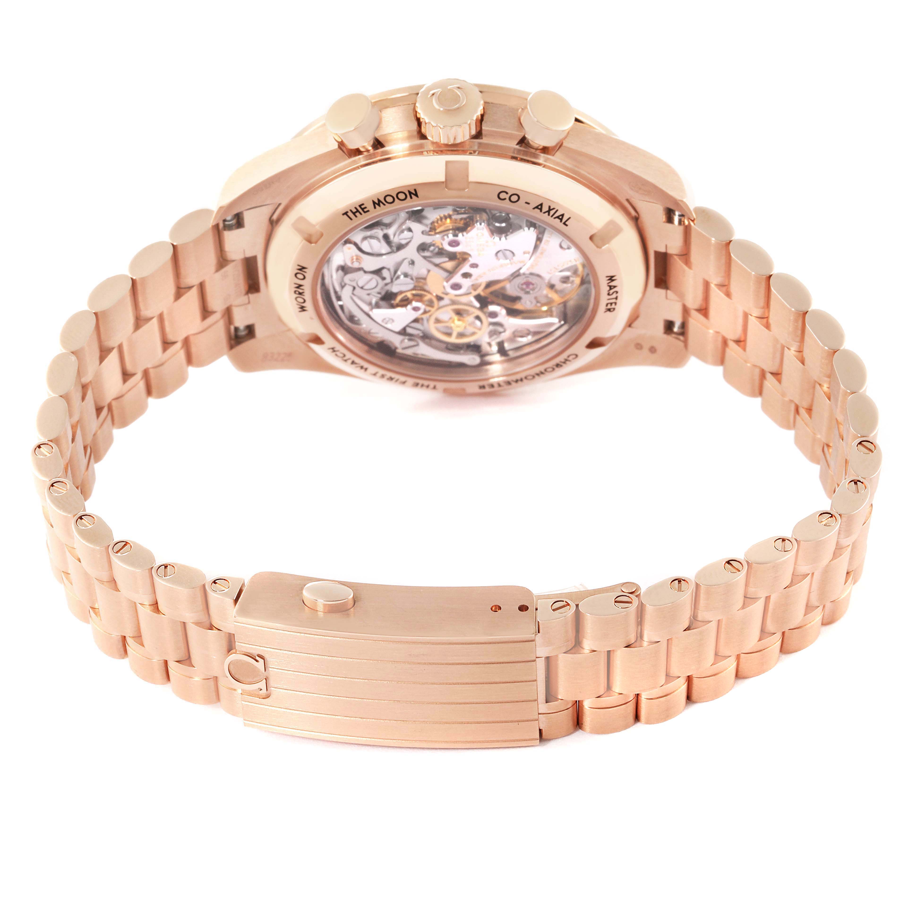 The image shows the back side and bracelet of an Omega Speedmaster 310.60.42.50.01.001 Men's Rose Gold Black Dial 310.60.42.50.01.001 Men's Rose Gold Black Dial watch, highlighting its movement through a transparent case back.