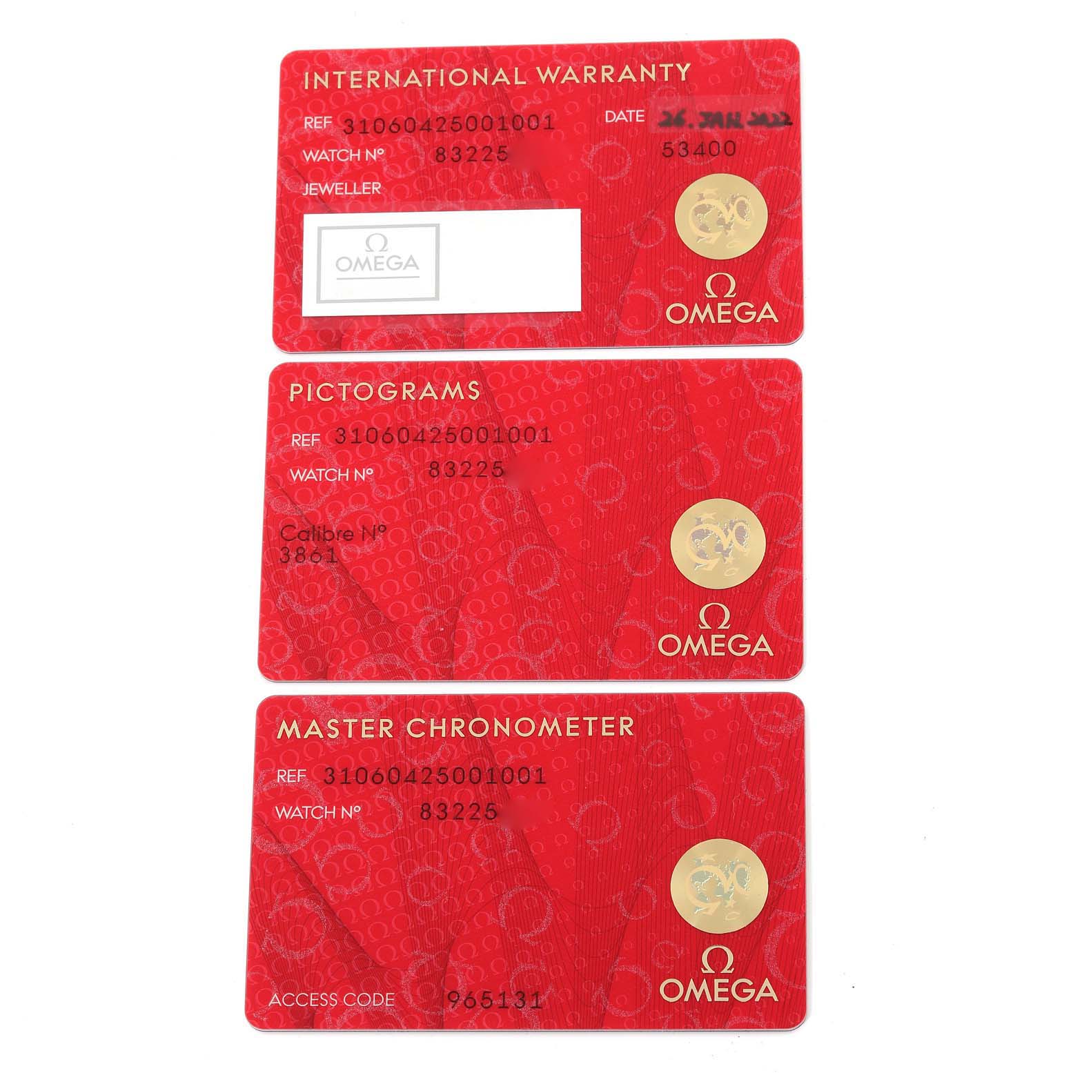 This image shows three warranty and certification cards for an Omega Speedmaster 310.60.42.50.01.001 Men's Rose Gold Black Dial 310.60.42.50.01.001 Men's Rose Gold Black Dial watch.