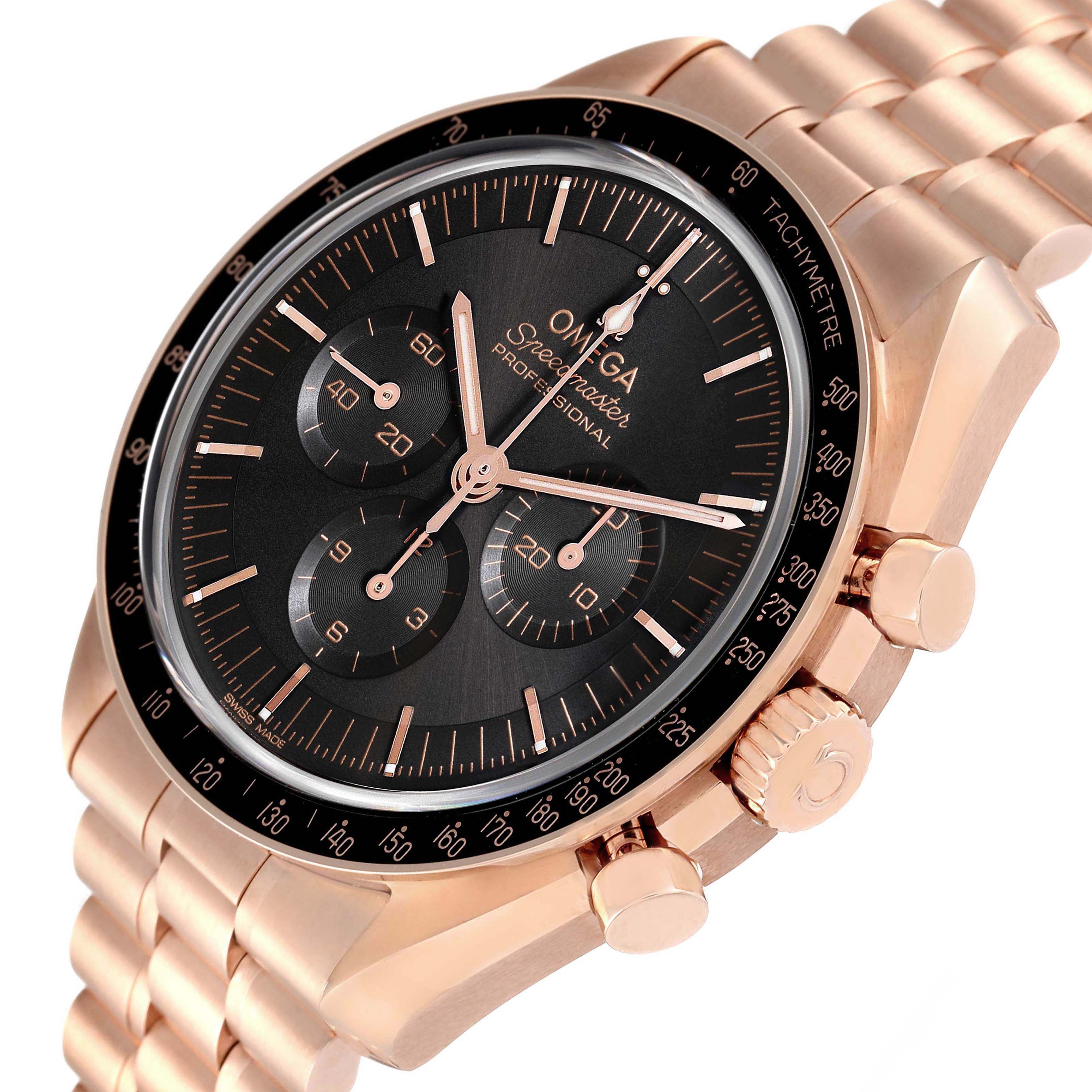 The Omega Speedmaster 310.60.42.50.01.001 Men's Rose Gold Black Dial 310.60.42.50.01.001 Men's Rose Gold Black Dial watch is shown at a slightly tilted angle, highlighting its dial, tachymeter bezel, crown, and part of the bracelet.