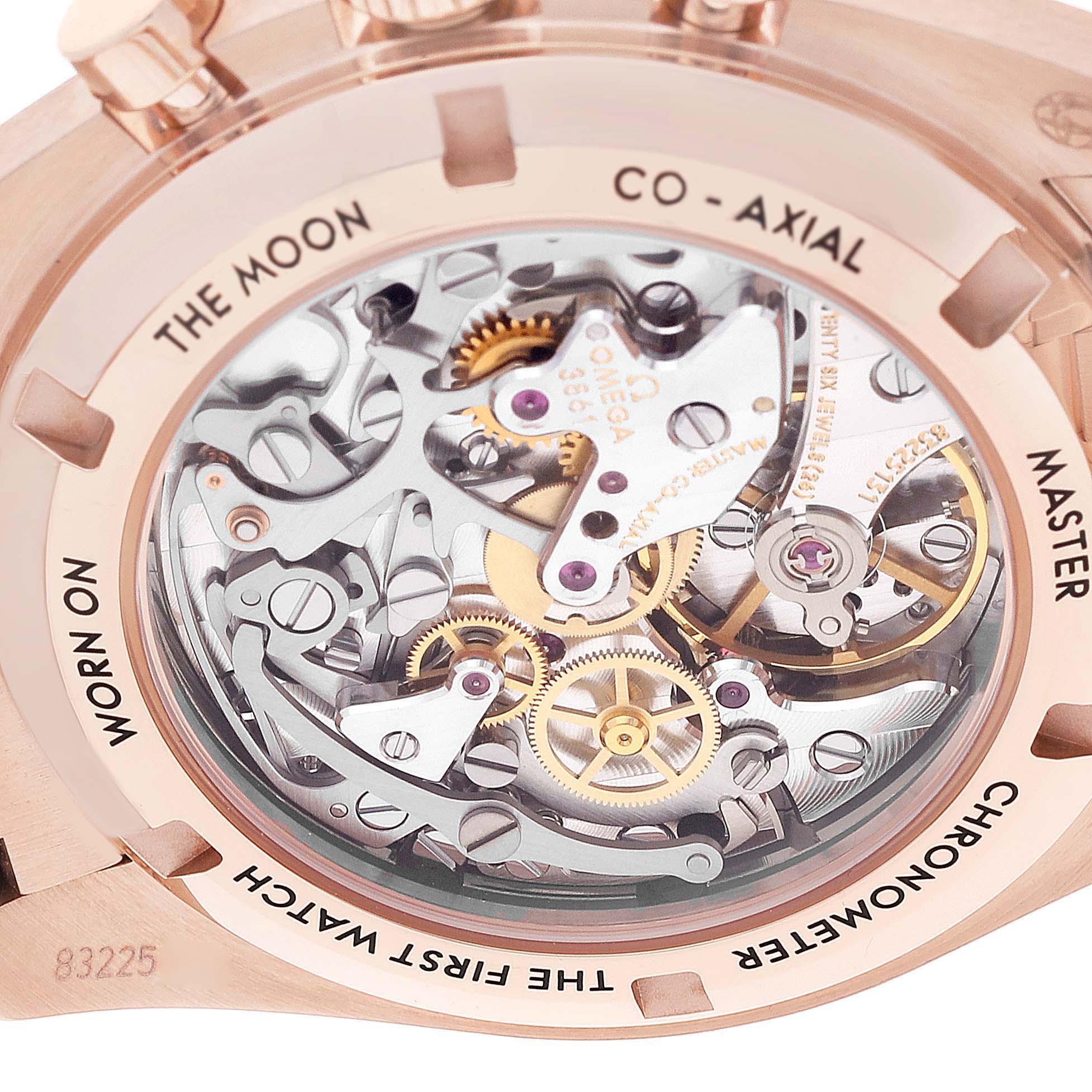 The image shows a close-up of the Omega Speedmaster 310.60.42.50.01.001 Men's Rose Gold Black Dial 310.60.42.50.01.001 Men's Rose Gold Black Dial watch's back, exposing its detailed mechanical movement.