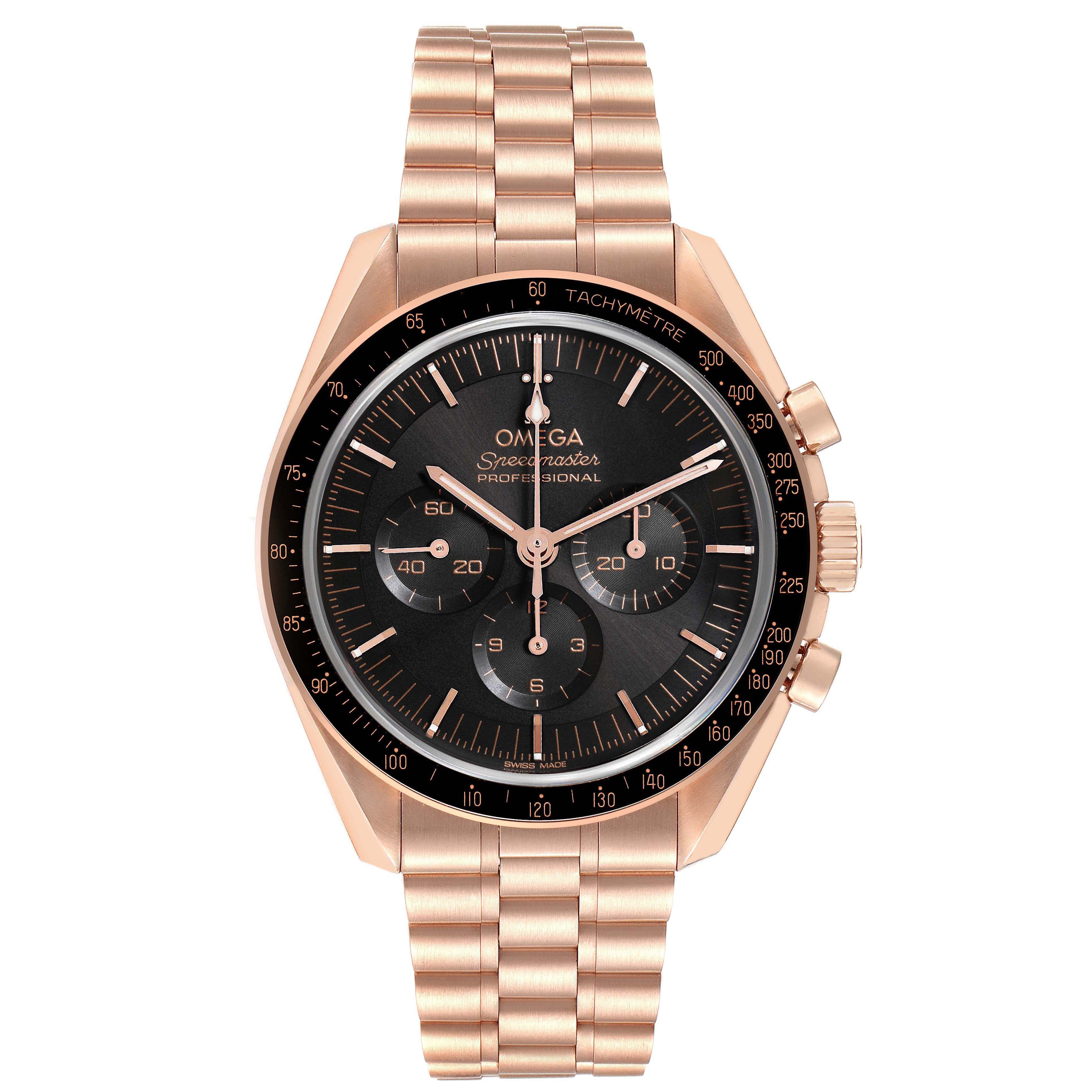The image shows a front angle of the Omega Speedmaster 310.60.42.50.01.001 Men's Rose Gold Black Dial 310.60.42.50.01.001 Men's Rose Gold Black Dial watch, highlighting its face, bezel, chronograph subdials, and metal bracelet.