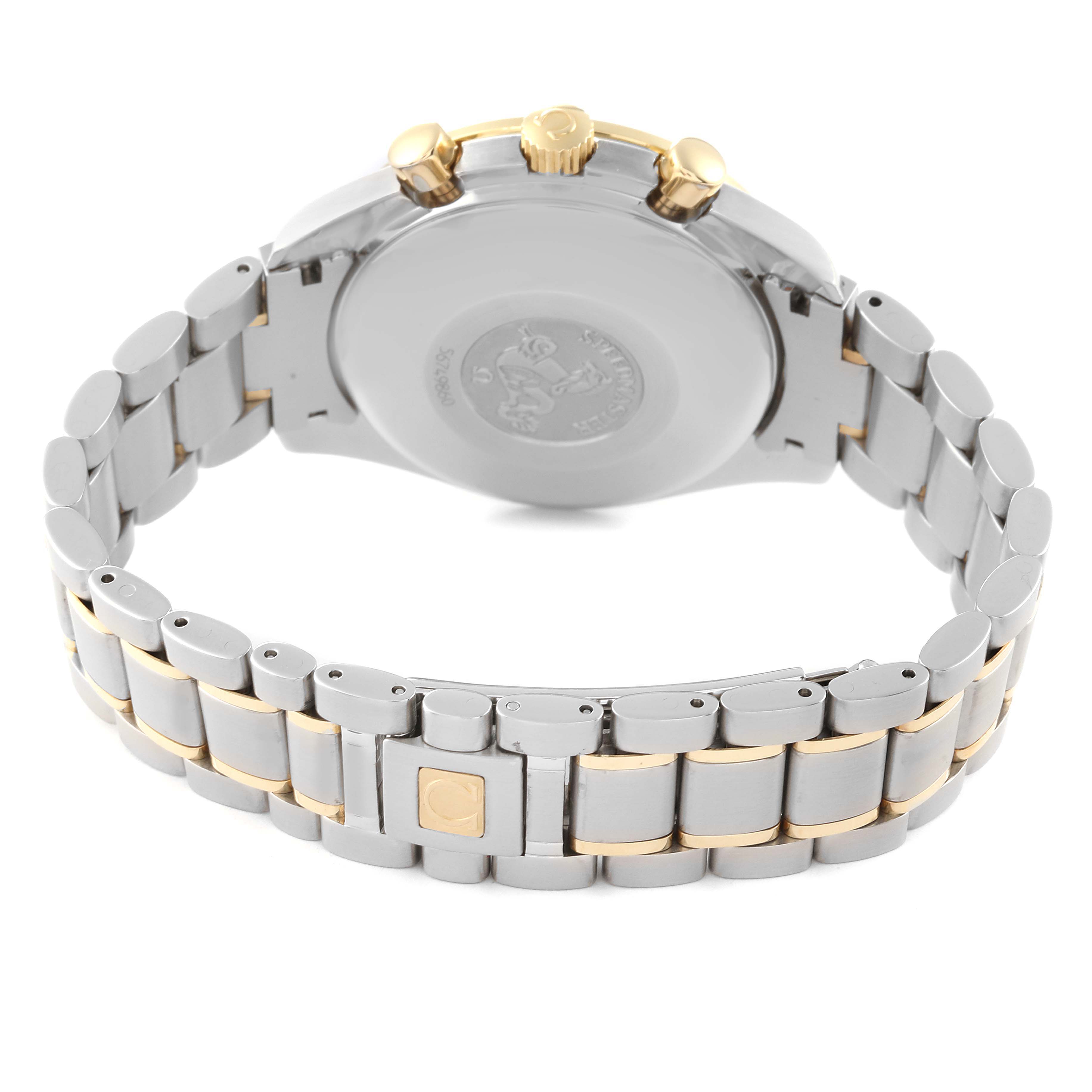 The image shows the back view of the Omega Speedmaster 3313.30.00 Men's Steel and Gold (two tone) Silver Dial 3313.30.00 Men's Steel and Gold (two tone) Silver Dial watch, focusing on the clasp and bracelet.