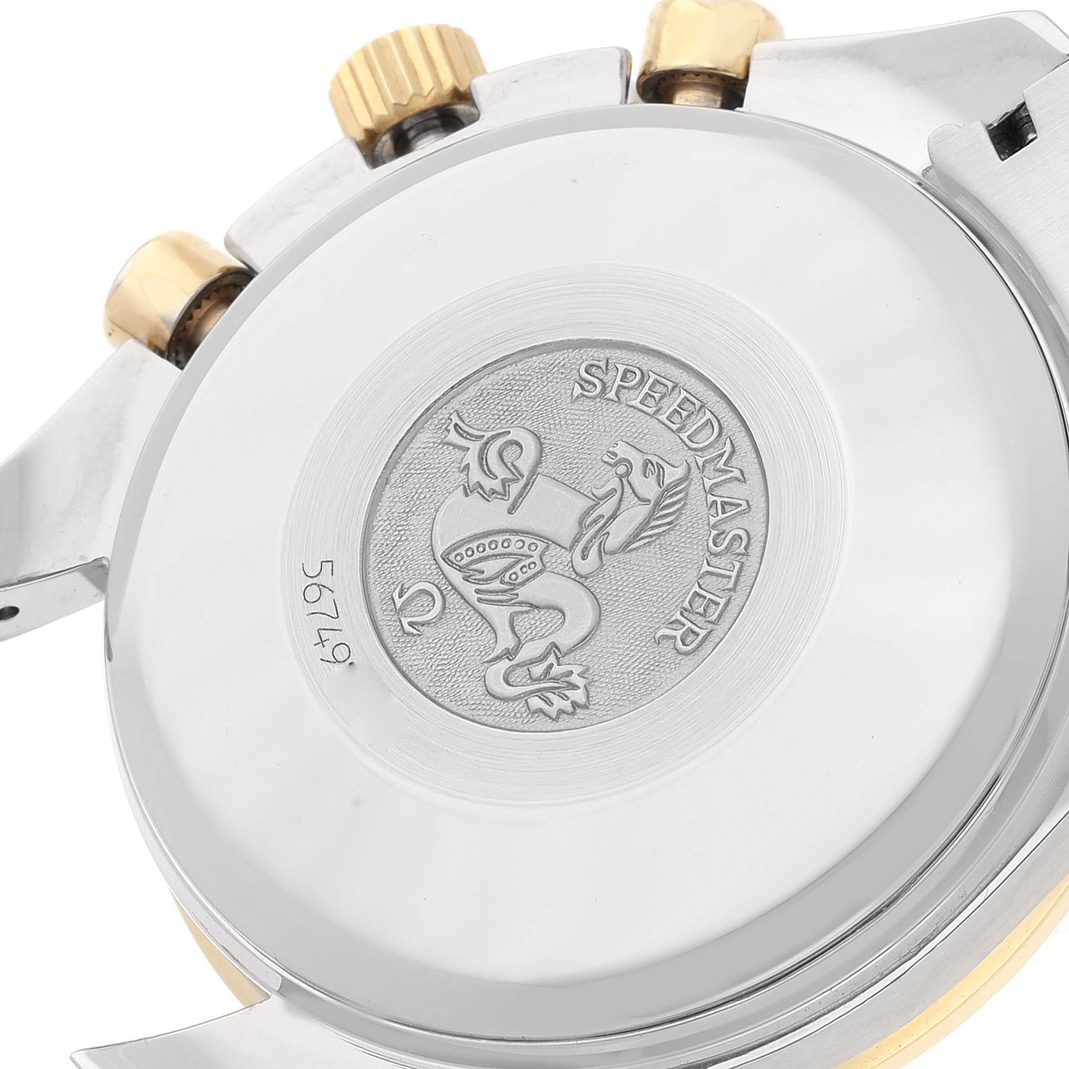 The image shows the rear case and pushers of the Omega Speedmaster 3313.30.00 Men's Steel and Gold (two tone) Silver Dial 3313.30.00 Men's Steel and Gold (two tone) Silver Dial watch.