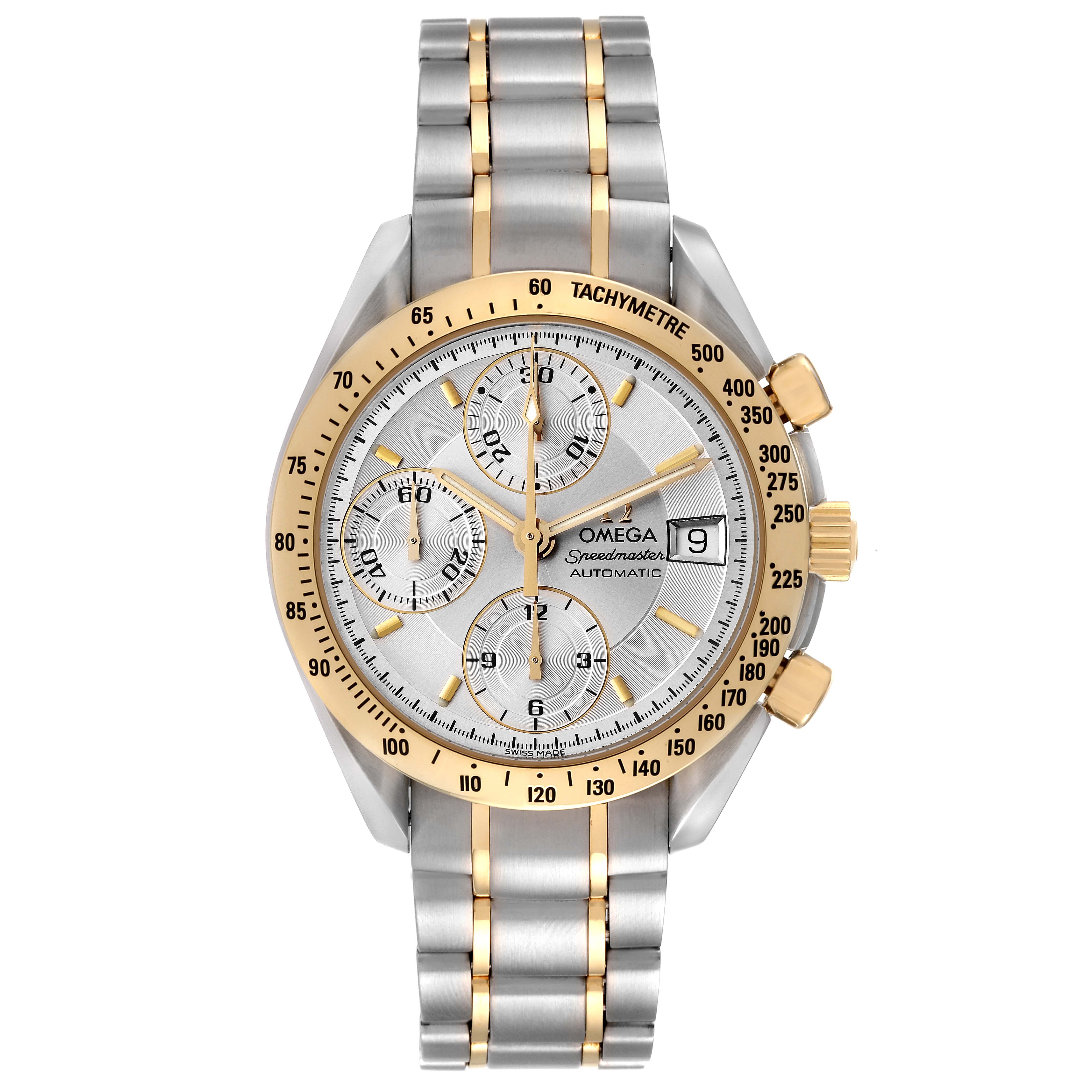 This Omega Speedmaster 3313.30.00 Men's Steel and Gold (two tone) Silver Dial 3313.30.00 Men's Steel and Gold (two tone) Silver Dial watch is shown from a top-down angle, displaying the face, dial, and bracelet.