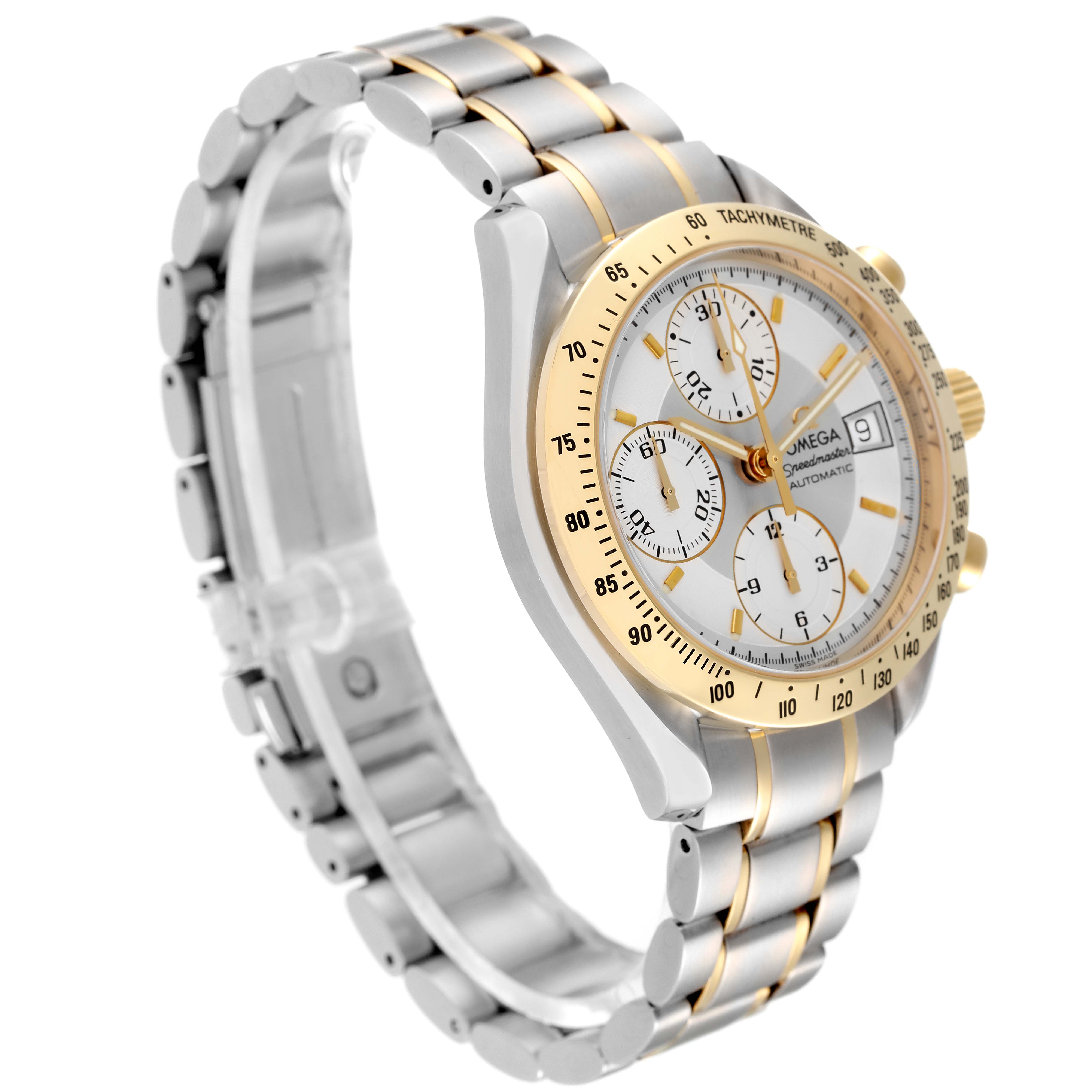 The Omega Speedmaster 3313.30.00 Men's Steel and Gold (two tone) Silver Dial 3313.30.00 Men's Steel and Gold (two tone) Silver Dial watch is shown from an angled side view, highlighting the bracelet and the face with the tachymeter.