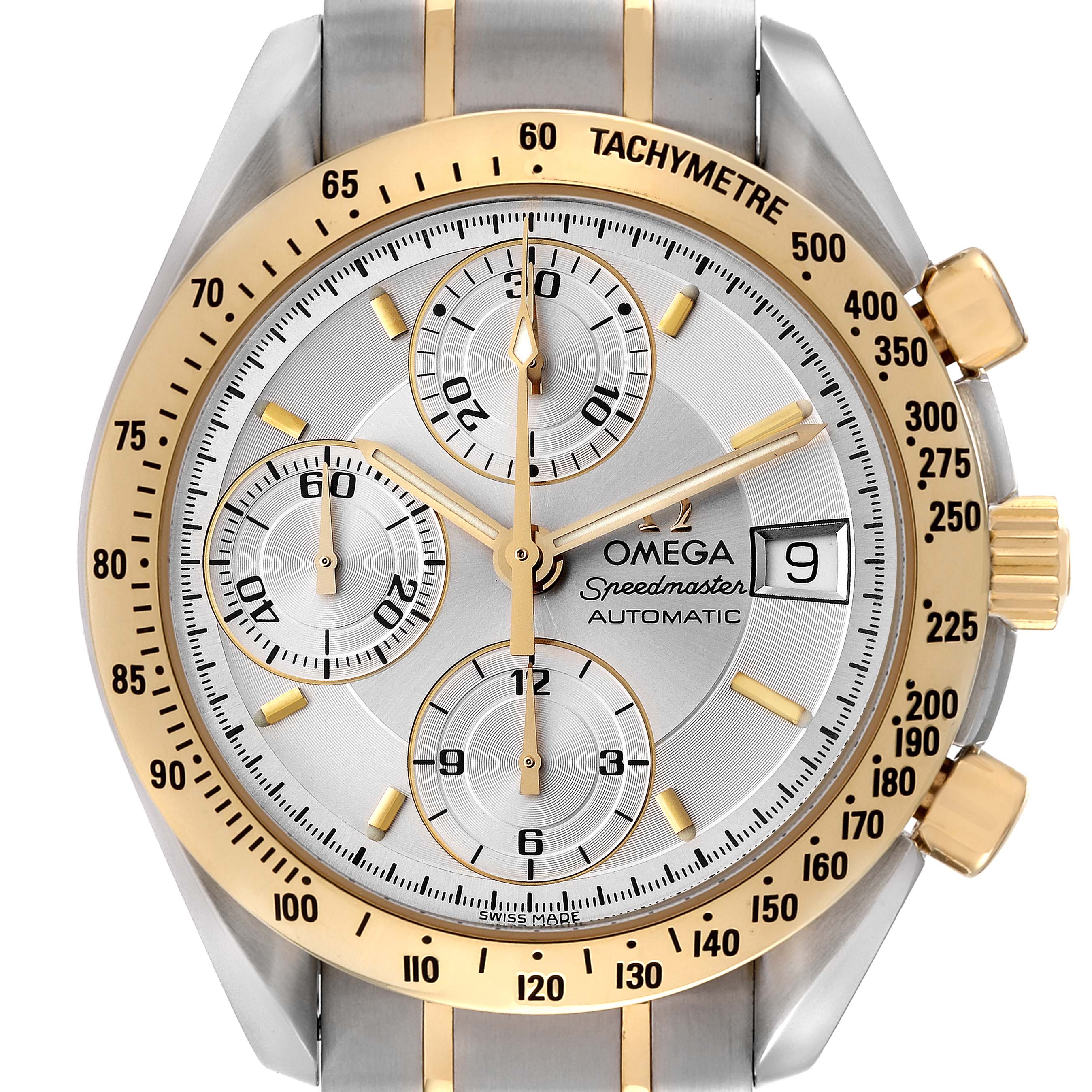 The Omega Speedmaster 3313.30.00 Men's Steel and Gold (two tone) Silver Dial 3313.30.00 Men's Steel and Gold (two tone) Silver Dial watch is shown from a front angle, highlighting its dial, subdials, tachymeter bezel, and crown.