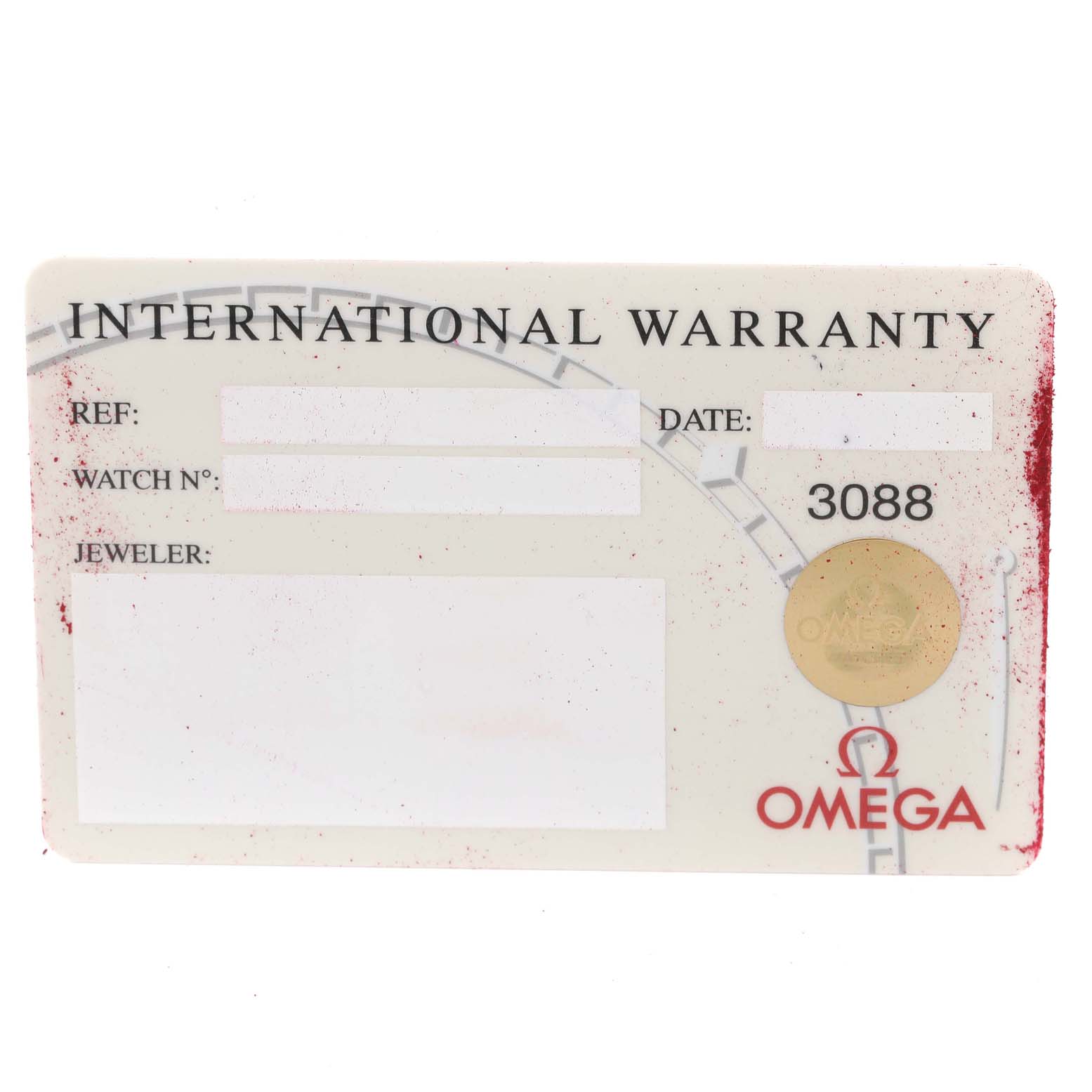 The image shows the International Warranty card for the Omega Speedmaster 3313.30.00 Men's Steel and Gold (two tone) Silver Dial 3313.30.00 Men's Steel and Gold (two tone) Silver Dial watch.
