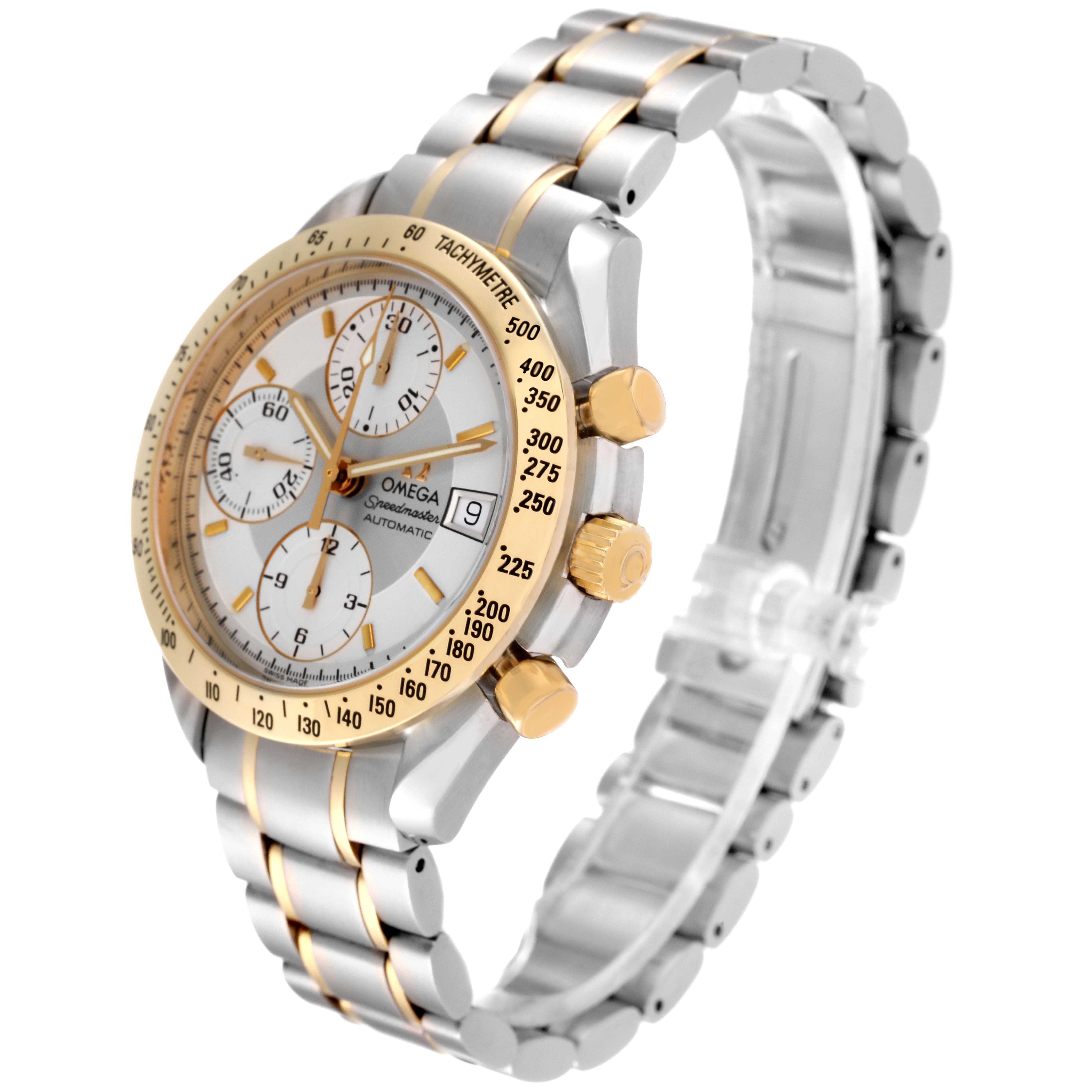 The Omega Speedmaster 3313.30.00 Men's Steel and Gold (two tone) Silver Dial 3313.30.00 Men's Steel and Gold (two tone) Silver Dial watch is angled to show the face, bezel, and bracelet, highlighting the chronograph dials and the date display.