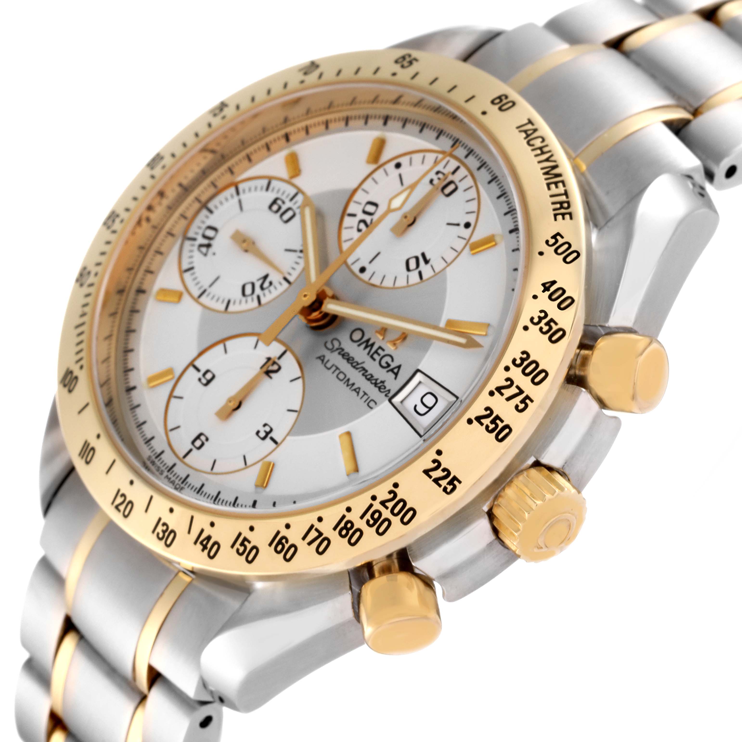 The Omega Speedmaster 3313.30.00 Men's Steel and Gold (two tone) Silver Dial 3313.30.00 Men's Steel and Gold (two tone) Silver Dial watch is shown from an angled close-up, highlighting the dial, bezel, pushers, and part of the bracelet.