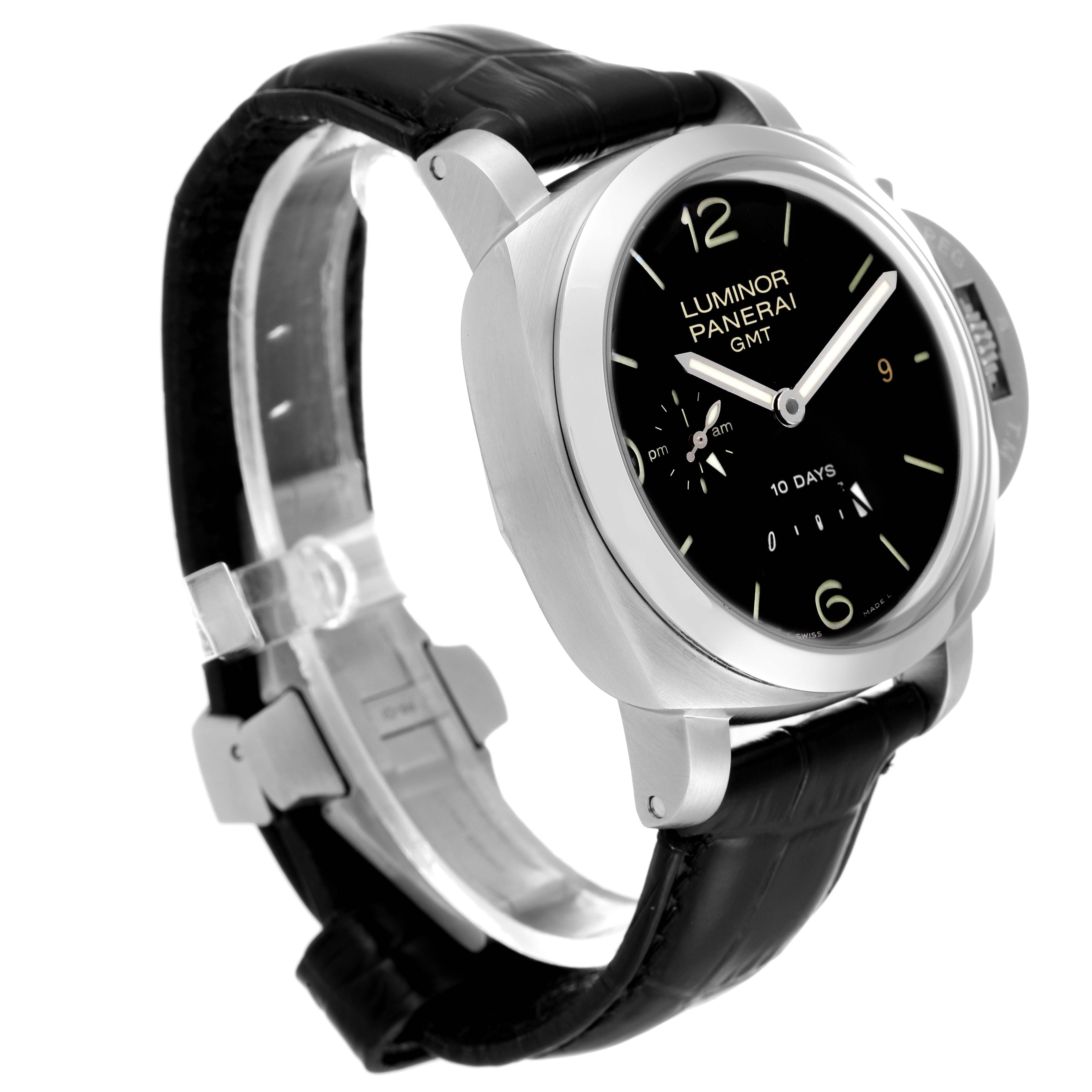 The image shows a side angle view of the Panerai Luminor PAM00270 Men's Stainless Steel Black Dial PAM00270 Men's Stainless Steel Black Dial model with its black dial and leather strap.