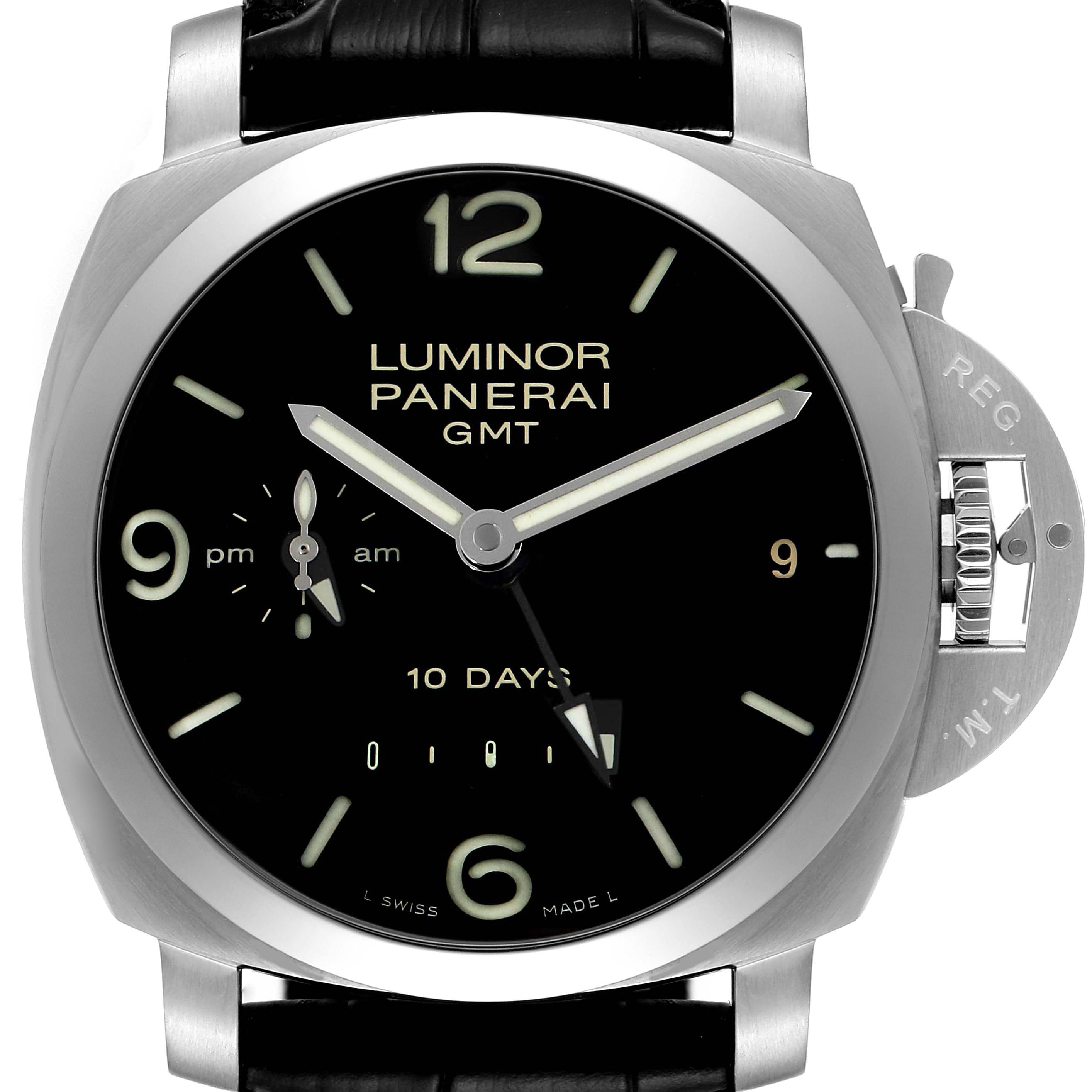 This image shows a front view of the Panerai Luminor PAM00270 Men's Stainless Steel Black Dial PAM00270 Men's Stainless Steel Black Dial GMT watch, highlighting its dial and crown guard.