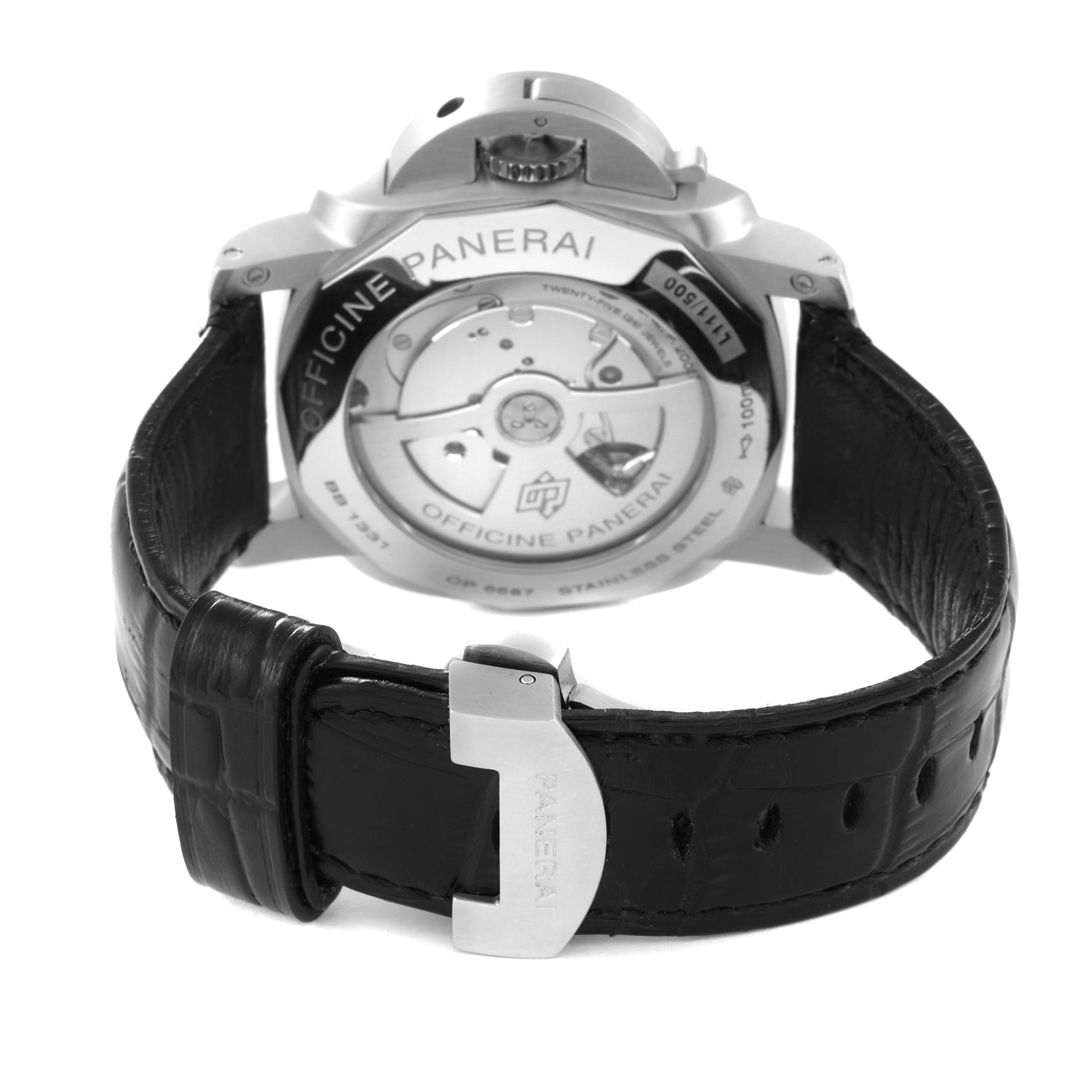 This image shows the back view of a Panerai Luminor PAM00270 Men's Stainless Steel Black Dial PAM00270 Men's Stainless Steel Black Dial watch, highlighting the movement and the black leather strap with a buckle.