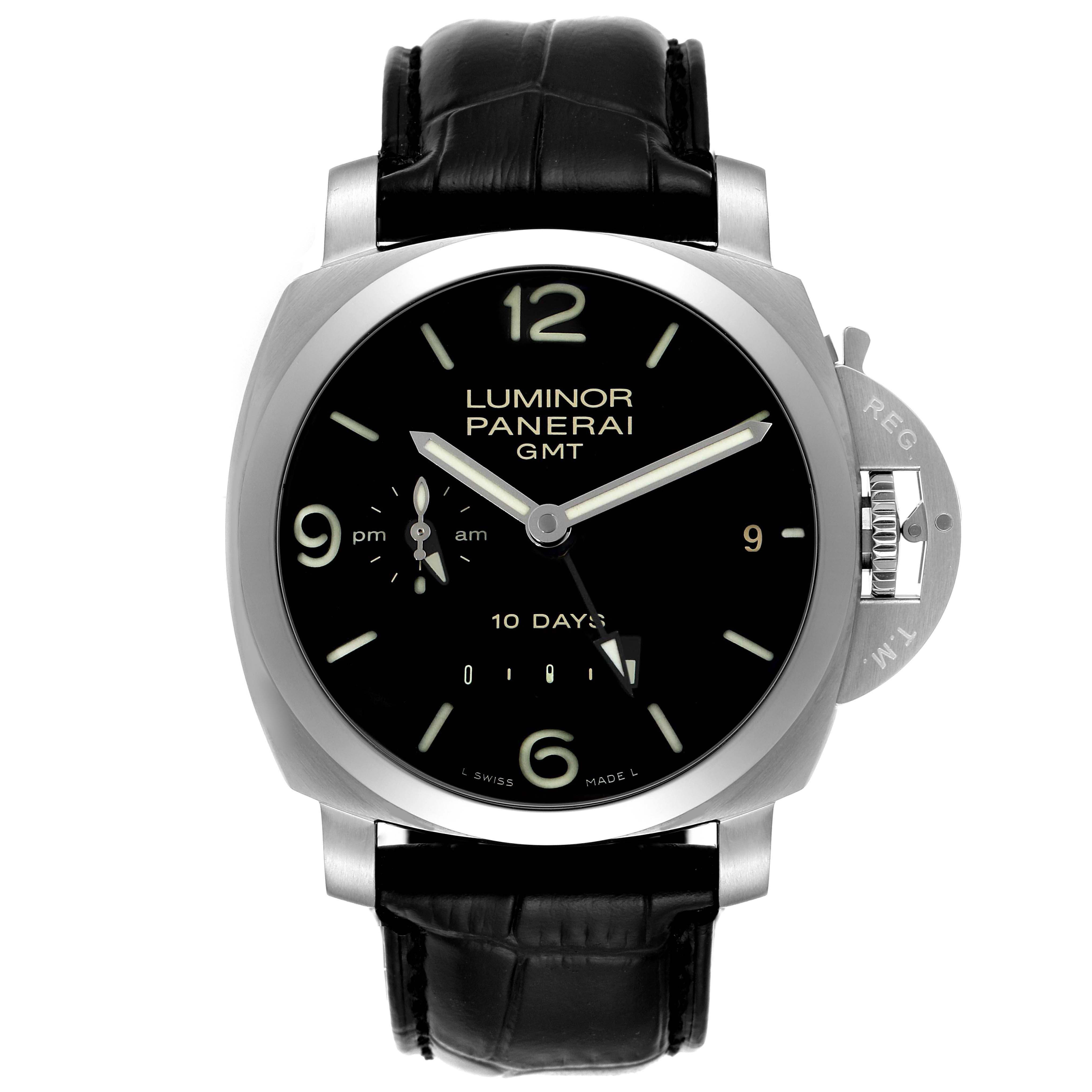 This image shows a front view of the Panerai Luminor PAM00270 Men's Stainless Steel Black Dial PAM00270 Men's Stainless Steel Black Dial GMT watch, highlighting its black dial, numerals, and leather strap.