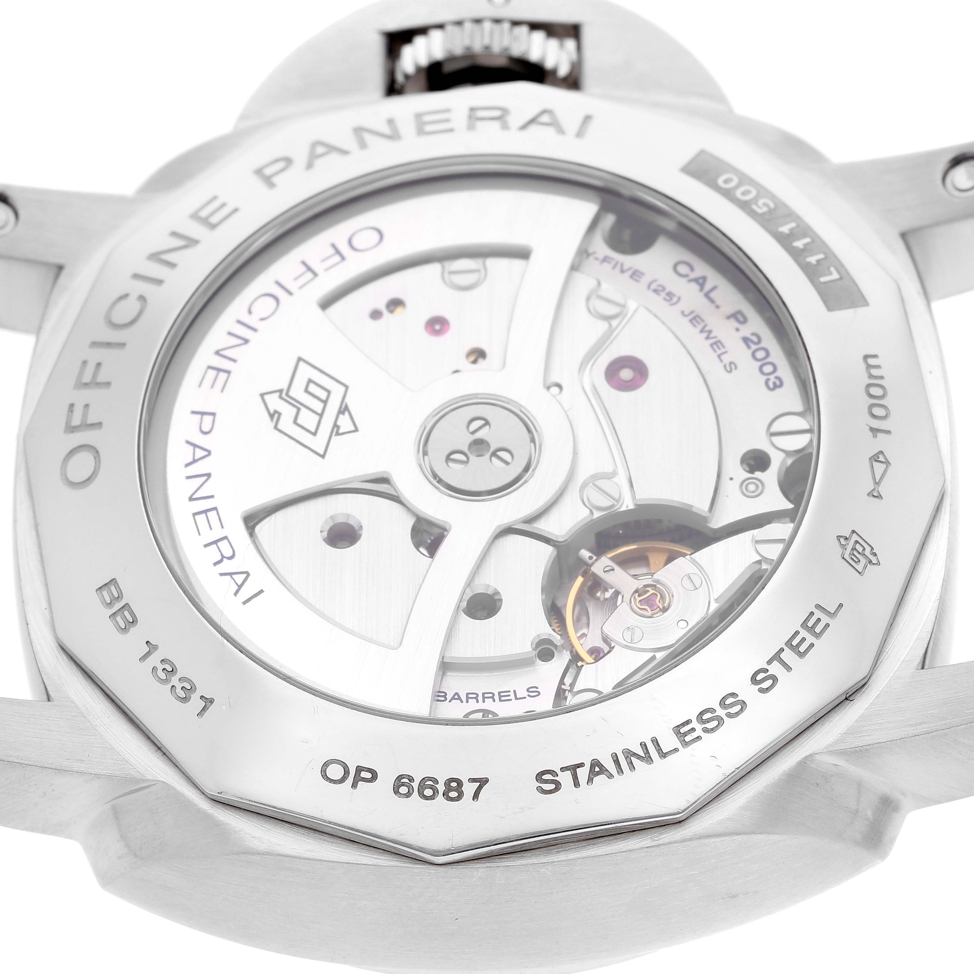 The image shows the back view of a Panerai Luminor PAM00270 Men's Stainless Steel Black Dial PAM00270 Men's Stainless Steel Black Dial watch, highlighting the movement and inscriptions on the case back.