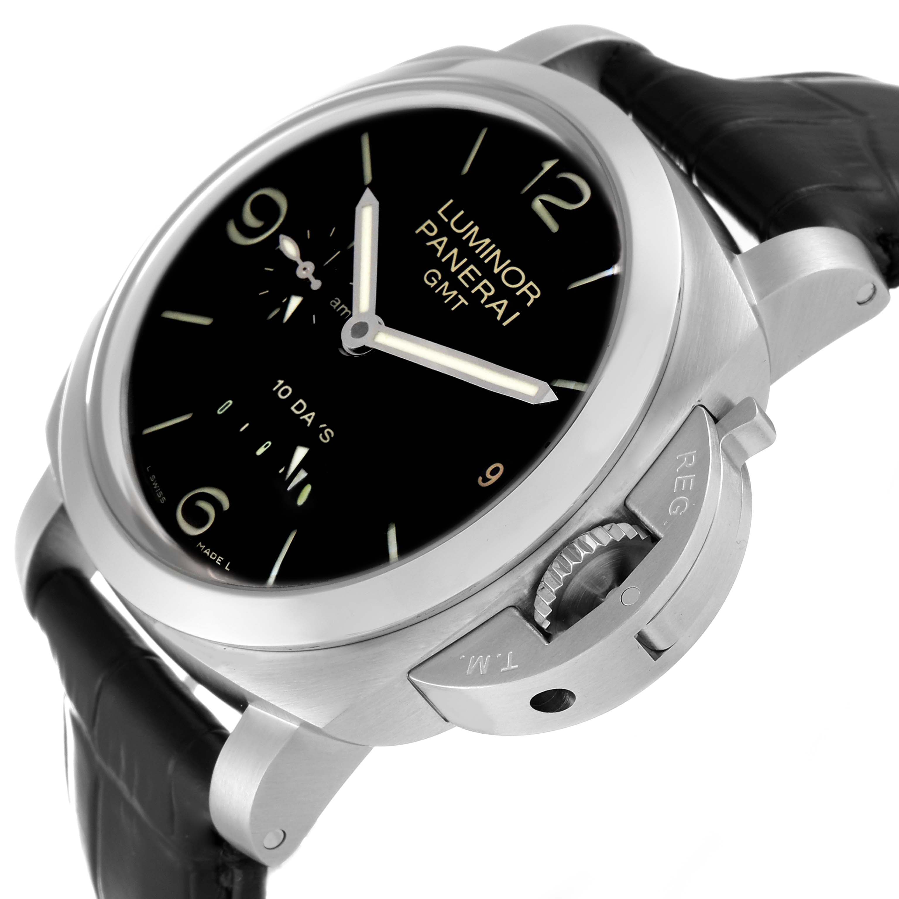The image shows a side angle of a Panerai Luminor PAM00270 Men's Stainless Steel Black Dial PAM00270 Men's Stainless Steel Black Dial watch, highlighting the black dial, hour markers, hands, and the crown guard.