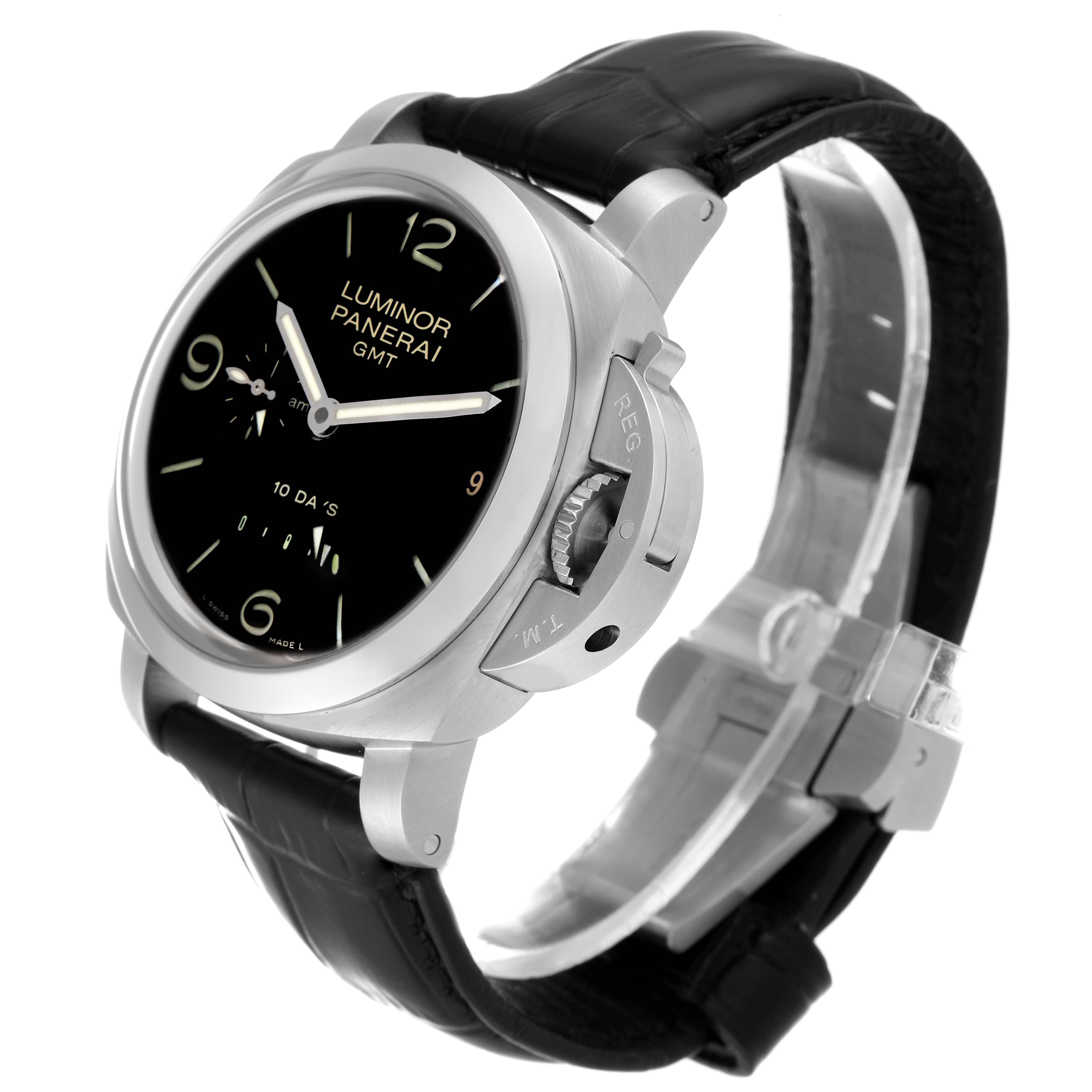 The image shows a Panerai Luminor PAM00270 Men's Stainless Steel Black Dial PAM00270 Men's Stainless Steel Black Dial watch model at a three-quarter angle, highlighting the dial, crown guard, and strap.