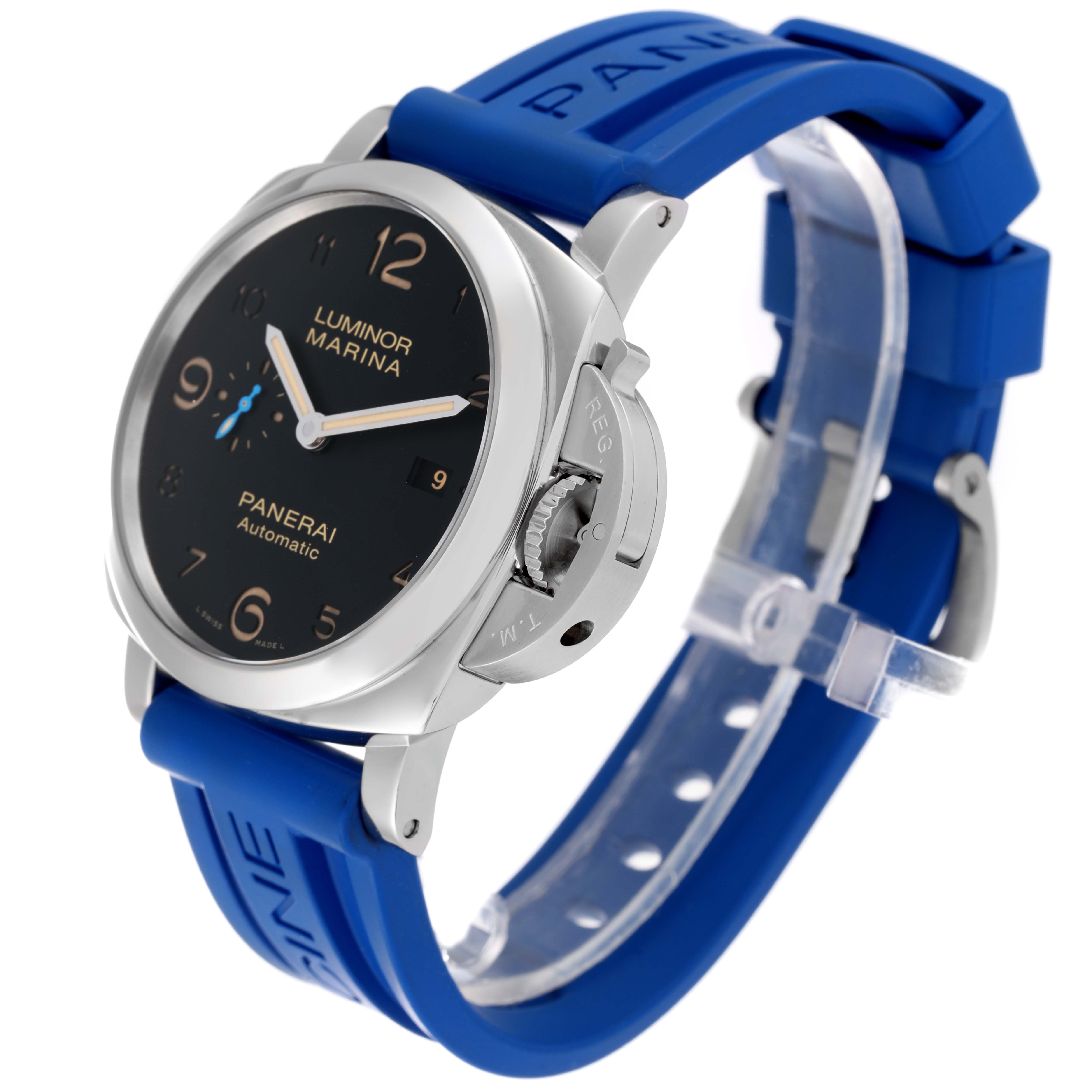 The image shows a Panerai Luminor PAM01359 Men's Stainless Steel Black Dial PAM01359 Men's Stainless Steel Black Dial Marina watch at a three-quarter angle, highlighting its blue strap, black dial, and crown guard.