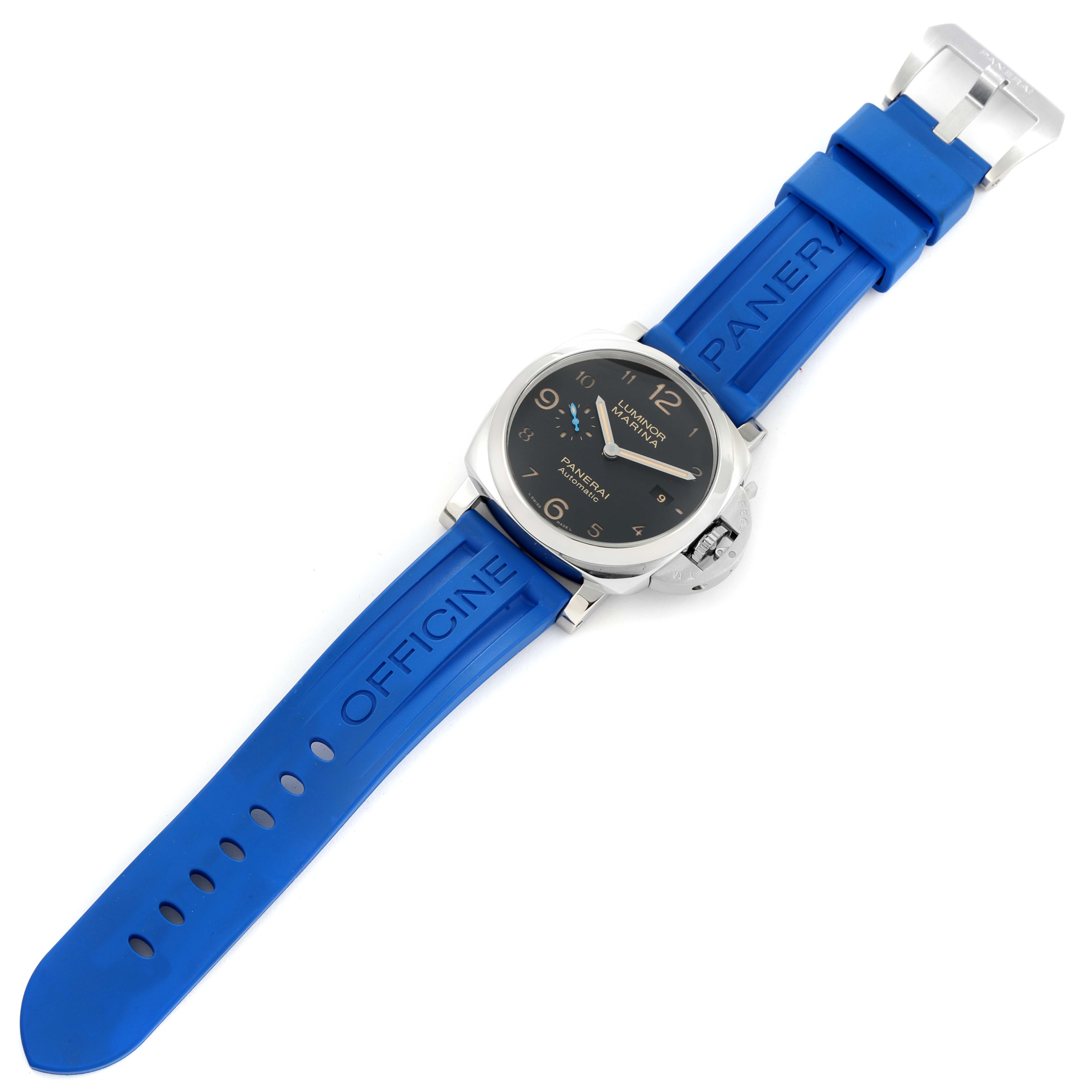 The image shows a top-down view of a Panerai Luminor PAM01359 Men's Stainless Steel Black Dial PAM01359 Men's Stainless Steel Black Dial watch with a blue strap and silver buckle.