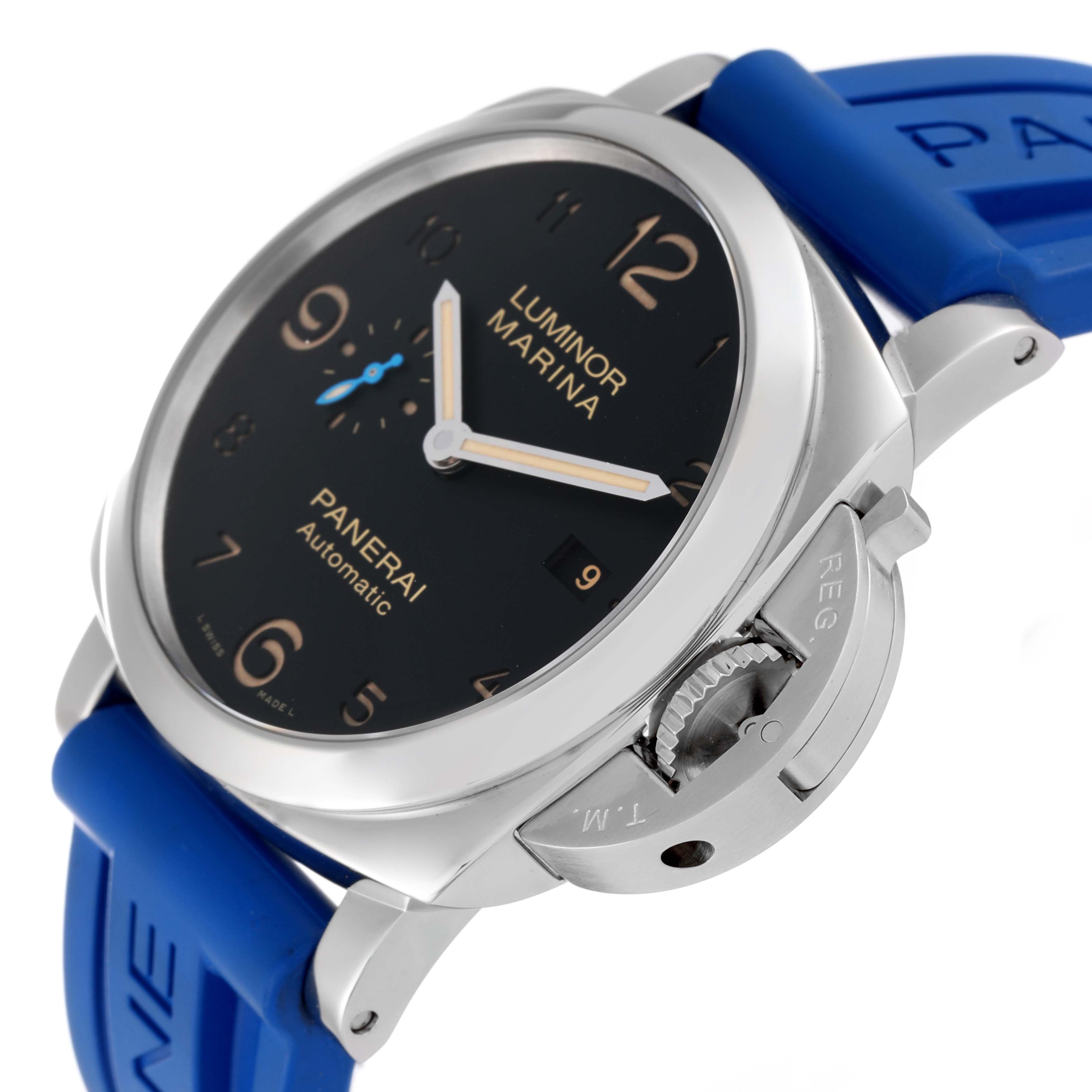 This Panerai Luminor PAM01359 Men's Stainless Steel Black Dial PAM01359 Men's Stainless Steel Black Dial model watch is shown at a front angle, highlighting its dial, case, and blue strap.