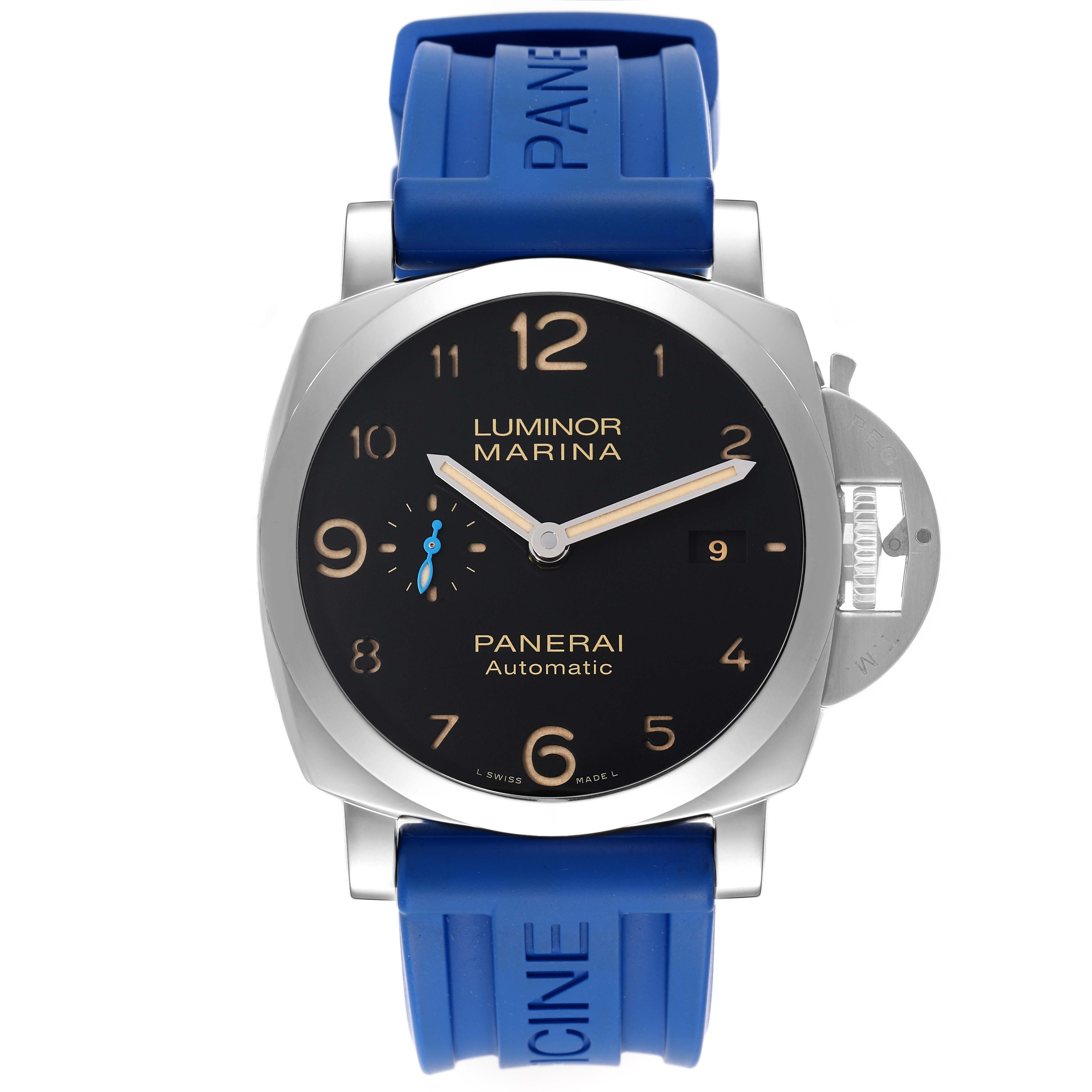 The image shows a front view of a Panerai Luminor PAM01359 Men's Stainless Steel Black Dial PAM01359 Men's Stainless Steel Black Dial Marina watch with a blue strap.