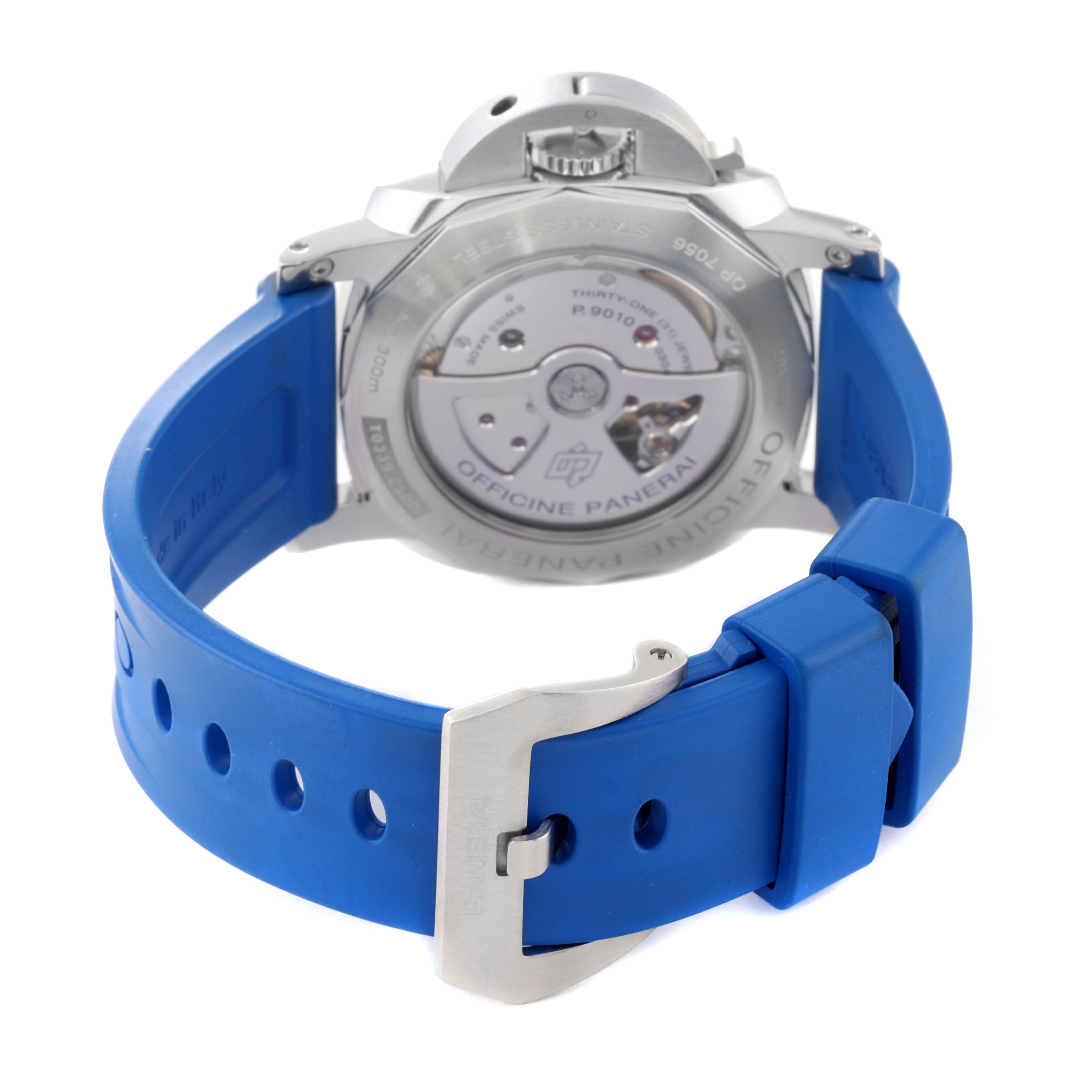 The image shows the back of a Panerai Luminor PAM01359 Men's Stainless Steel Black Dial PAM01359 Men's Stainless Steel Black Dial watch with a blue strap and its mechanical movement exposed.