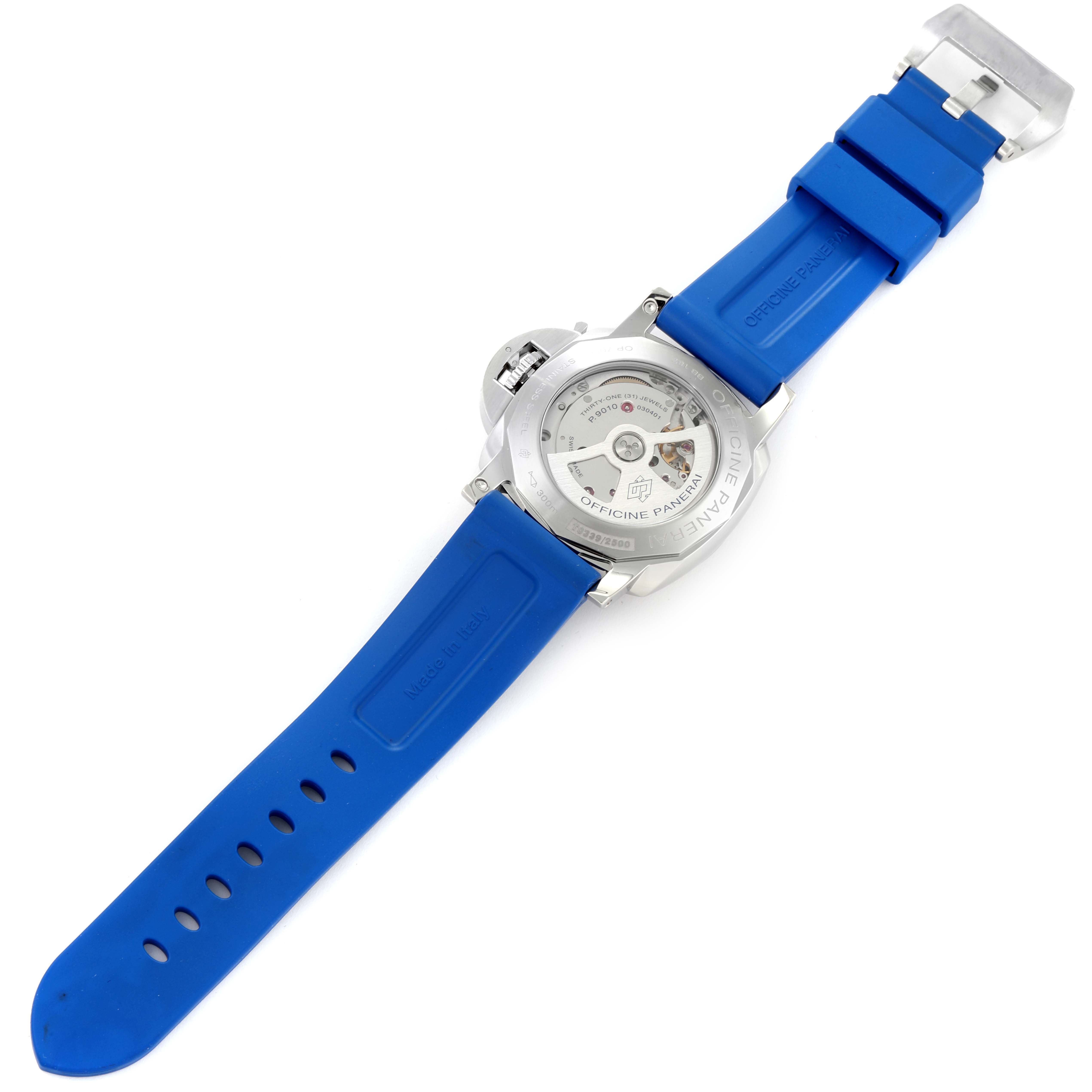 The Panerai Luminor PAM01359 Men's Stainless Steel Black Dial PAM01359 Men's Stainless Steel Black Dial watch is shown from the back, featuring a blue strap and transparent case back.