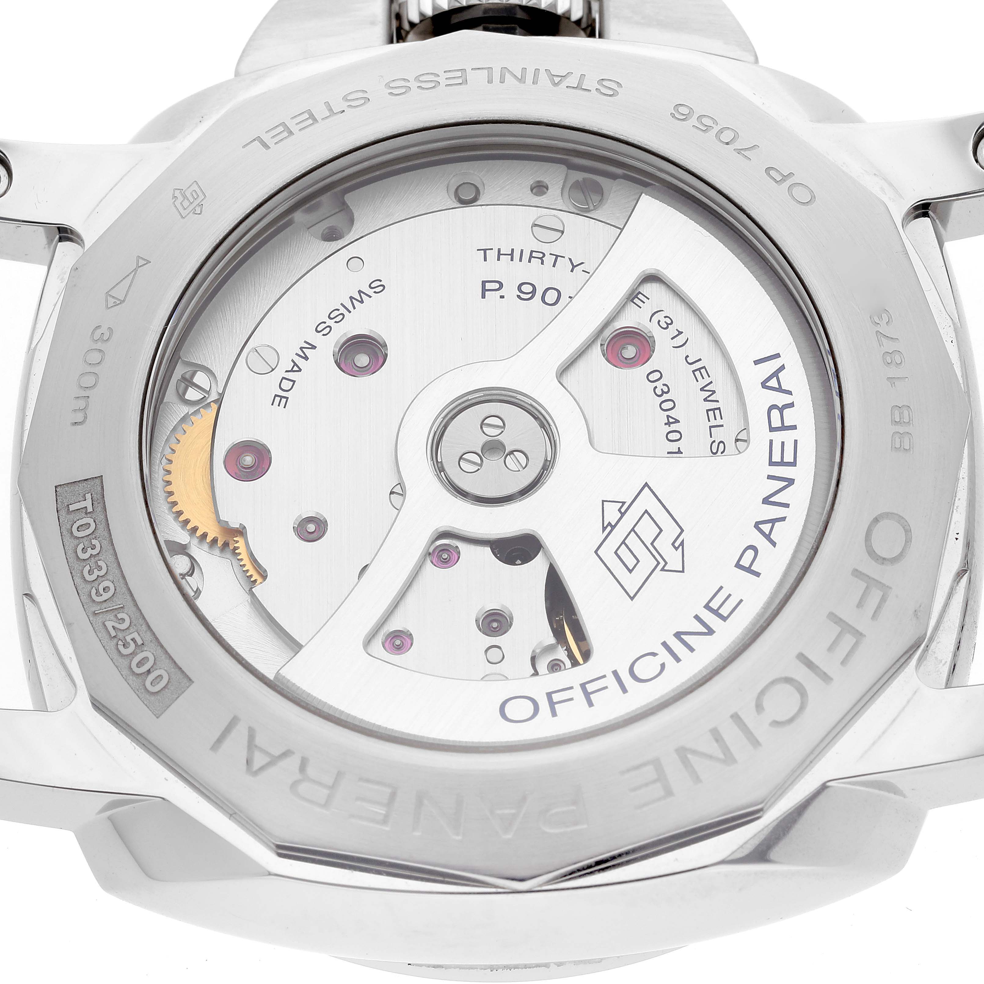 The image shows the back view of the Panerai Luminor PAM01359 Men's Stainless Steel Black Dial PAM01359 Men's Stainless Steel Black Dial watch, displaying its internal mechanism and inscriptions.