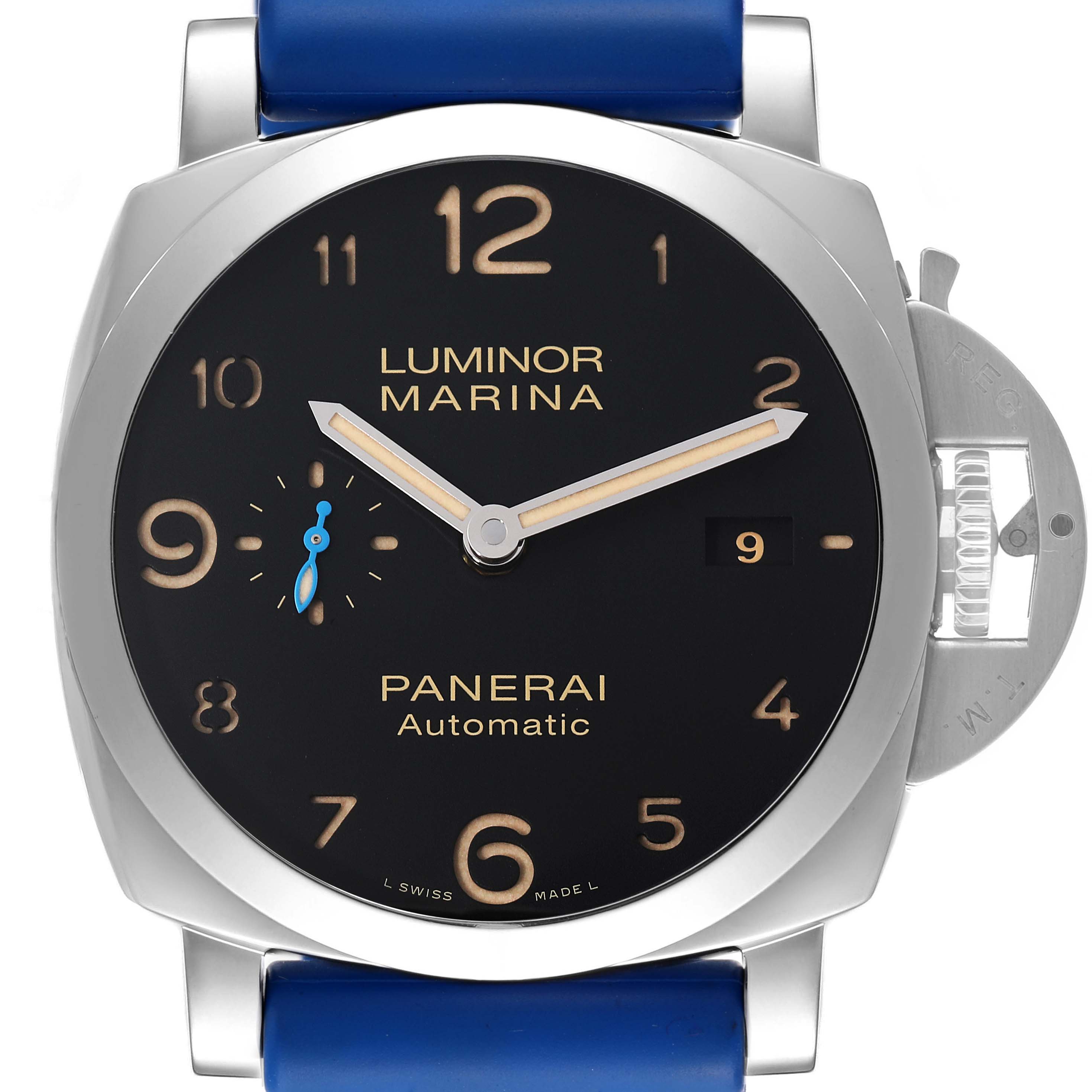 The image shows a frontal view of the Panerai Luminor PAM01359 Men's Stainless Steel Black Dial PAM01359 Men's Stainless Steel Black Dial Marina watch, displaying the dial, hands, and distinctive crown guard.