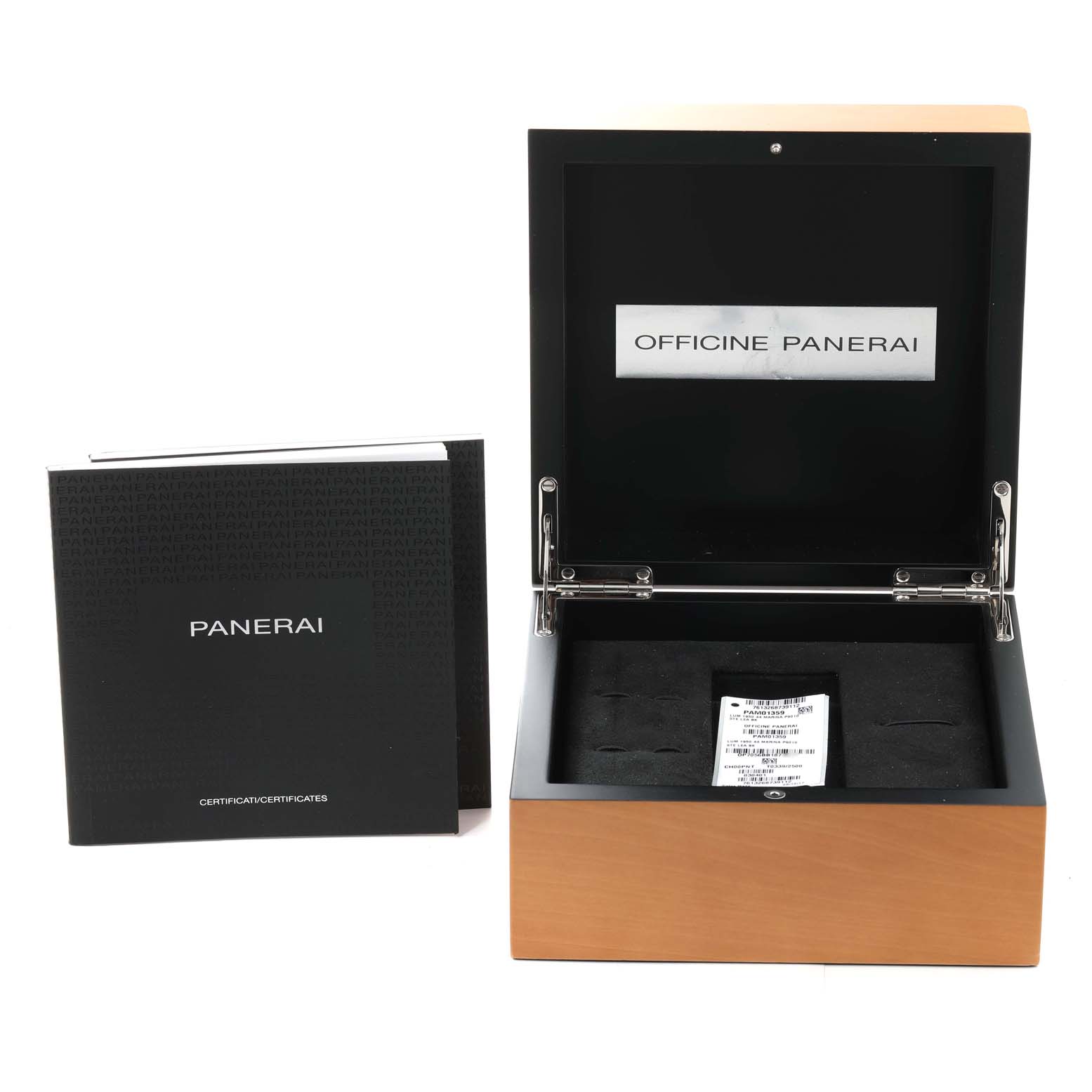 The image shows a Panerai Luminor PAM01359 Men's Stainless Steel Black Dial PAM01359 Men's Stainless Steel Black Dial watch box and its certificate booklet.
