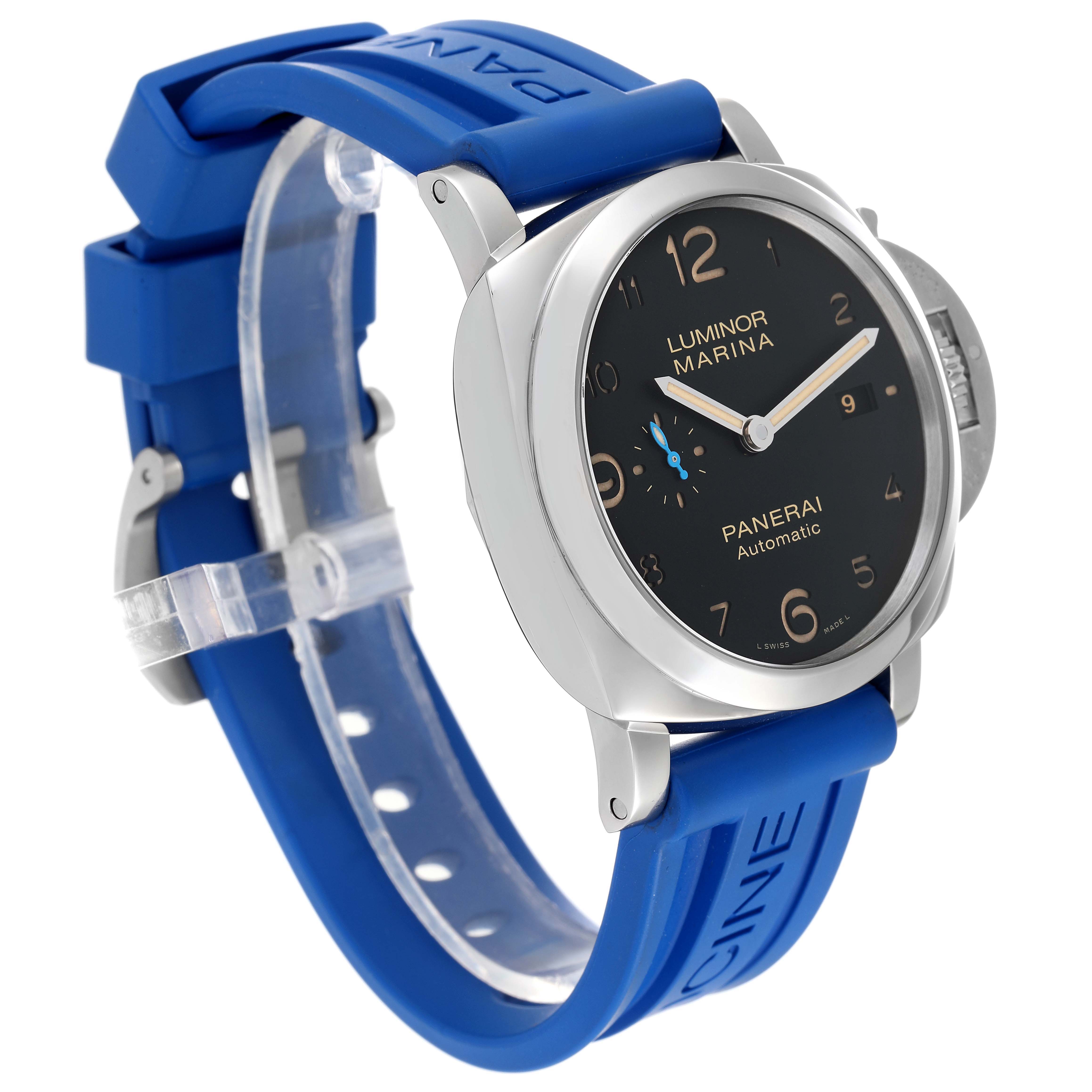 The image shows a Panerai Luminor PAM01359 Men's Stainless Steel Black Dial PAM01359 Men's Stainless Steel Black Dial model watch at a three-quarter angle, highlighting its blue strap and round dial.