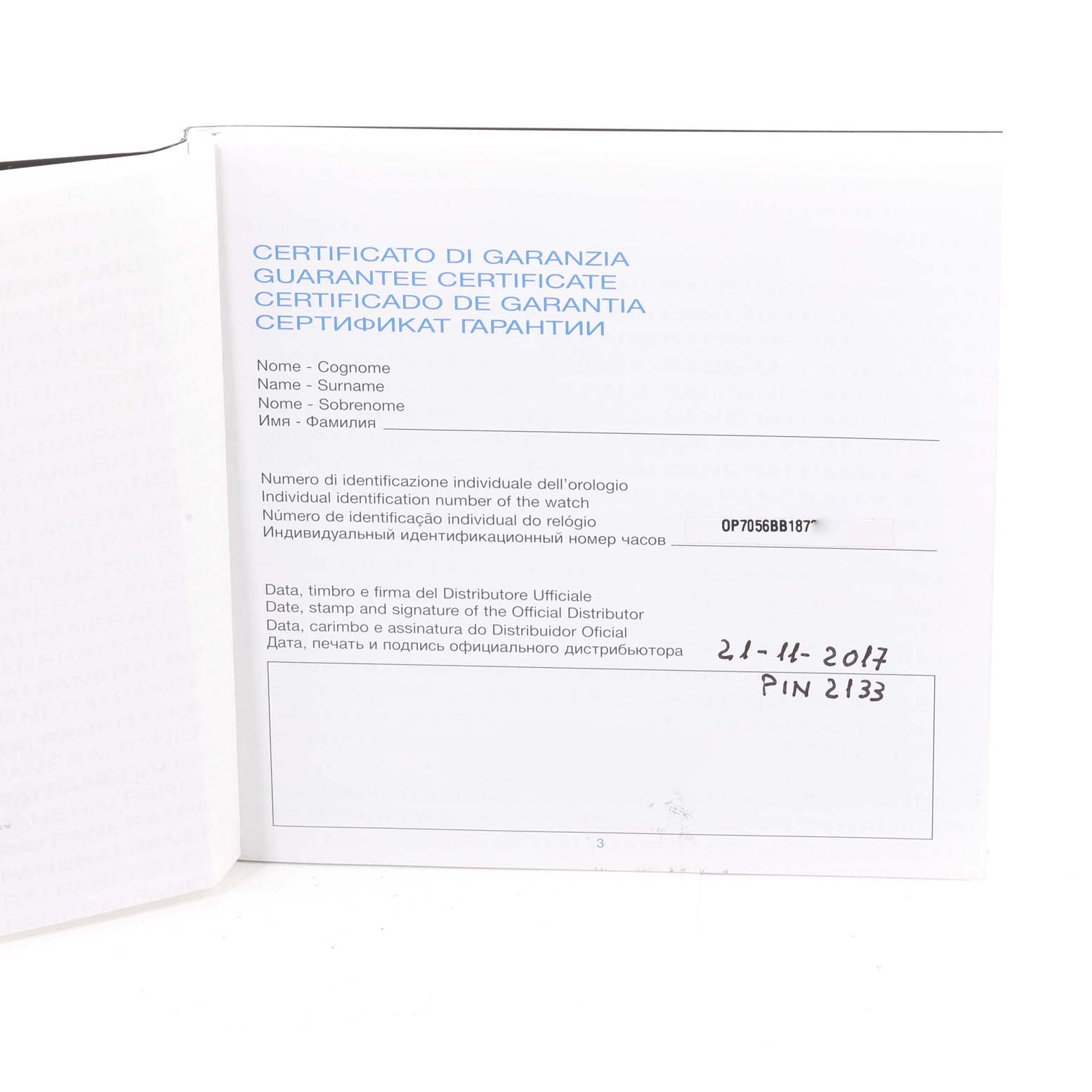 The image shows a warranty certificate for a Panerai Luminor PAM01359 Men's Stainless Steel Black Dial PAM01359 Men's Stainless Steel Black Dial model watch, dated November 21, 2017.