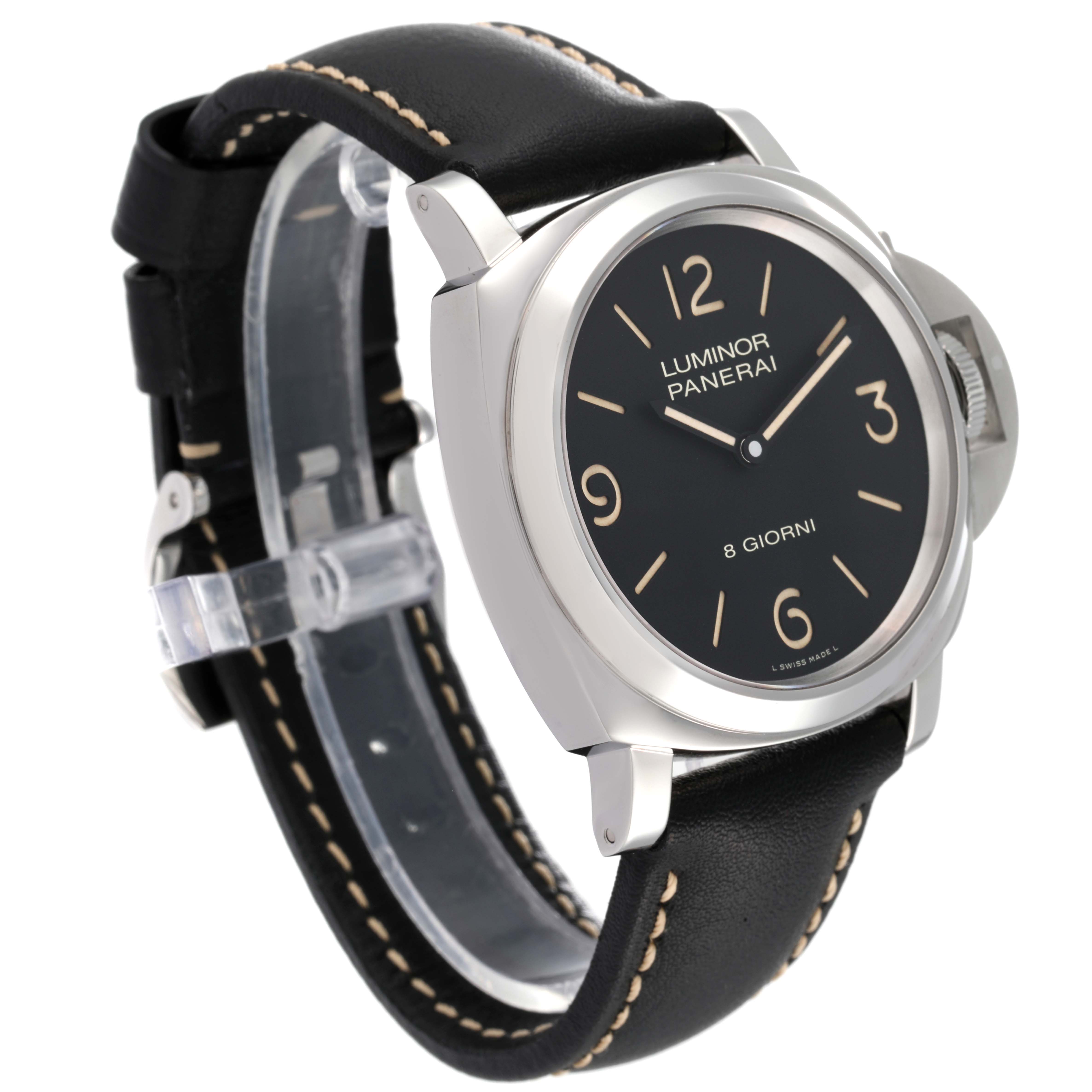 The image shows a side-angle view of the Panerai Luminor PAM00914 Men's Stainless Steel Black Dial PAM00914 Men's Stainless Steel Black Dial watch, highlighting the black leather strap, case, dial, and crown guard.