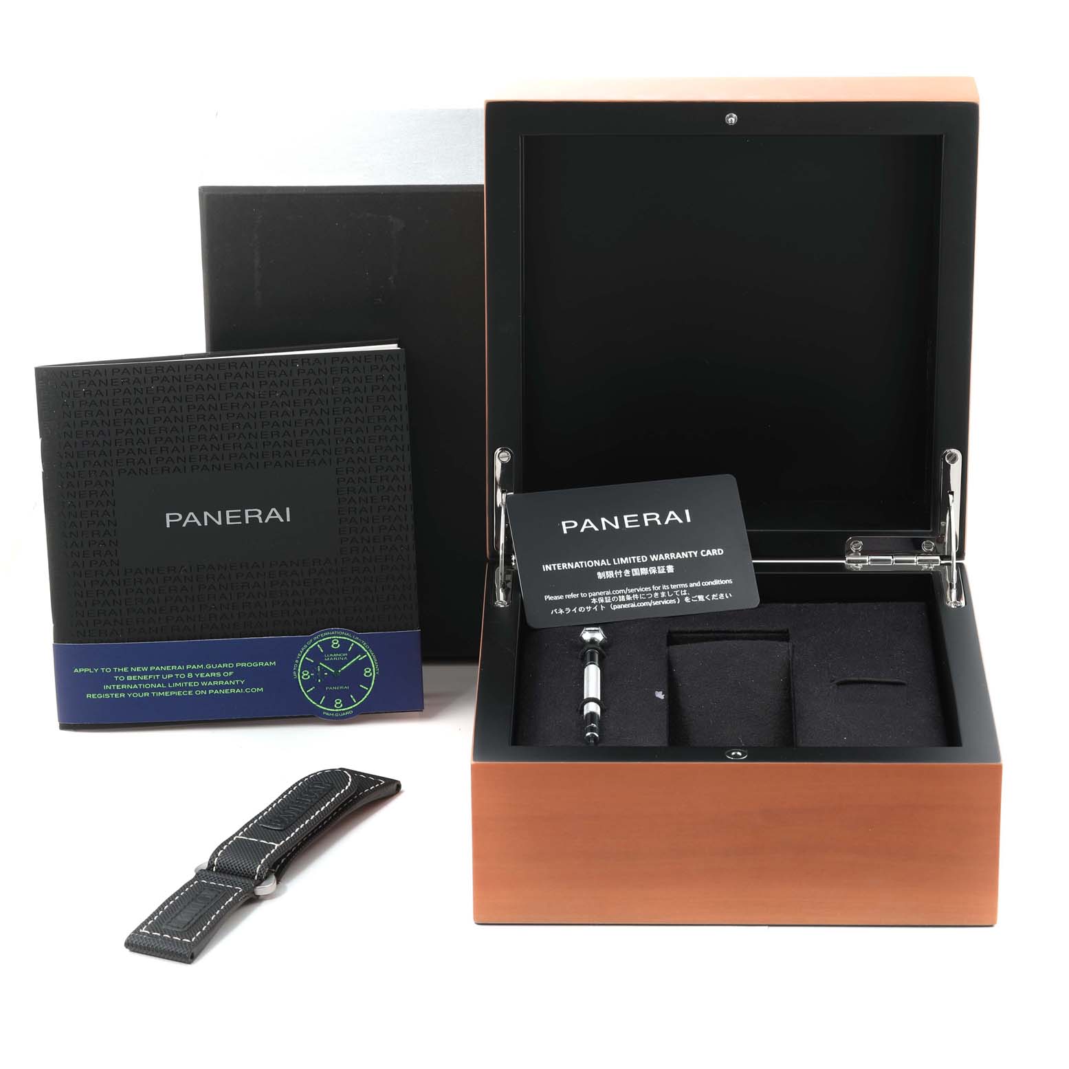 The image shows the open box, extra strap, manual, and warranty card for a Panerai Luminor PAM00914 Men's Stainless Steel Black Dial PAM00914 Men's Stainless Steel Black Dial watch.