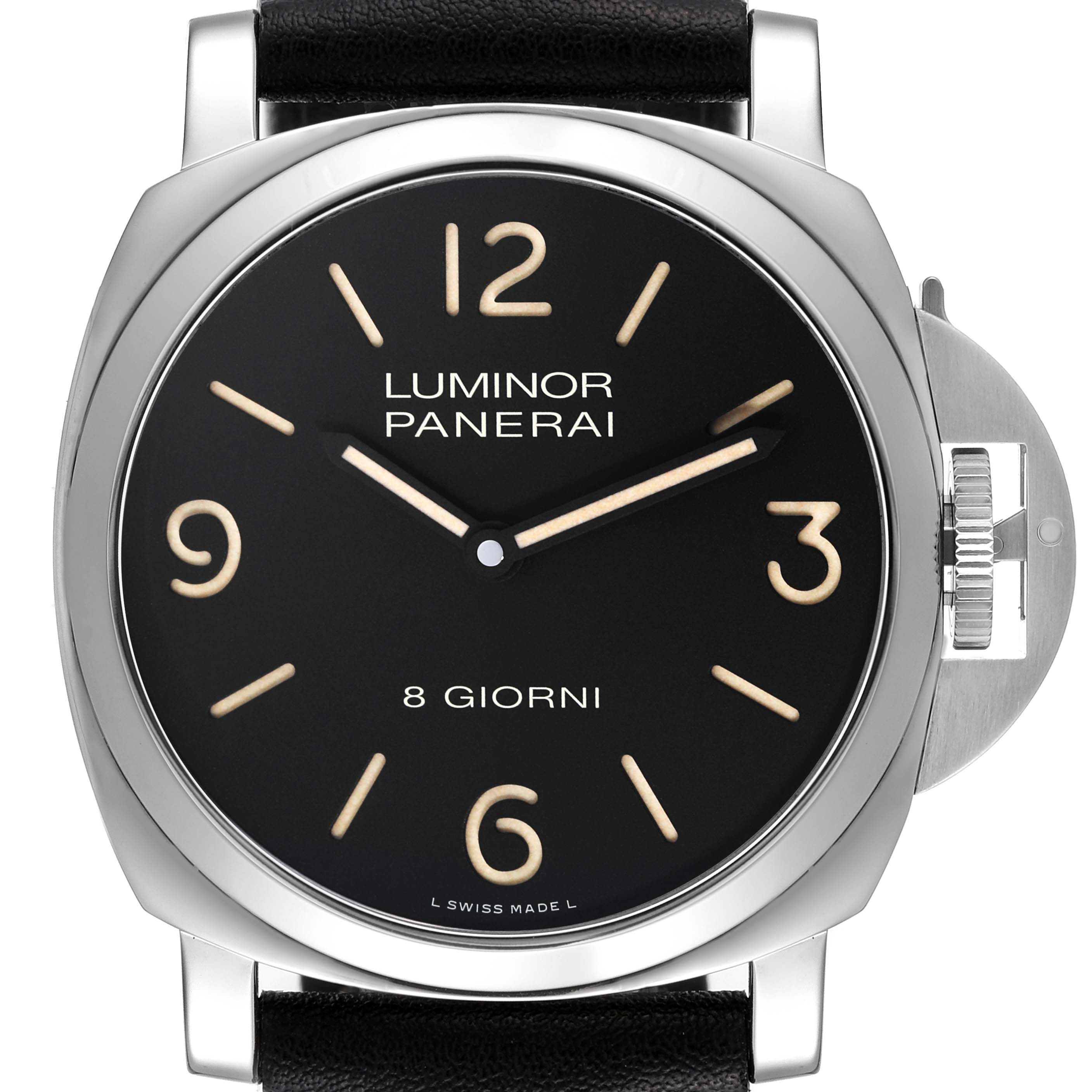 This is a front view of the Panerai Luminor PAM00914 Men's Stainless Steel Black Dial PAM00914 Men's Stainless Steel Black Dial watch, showing its face, bezel, crown guard, and part of the strap.
