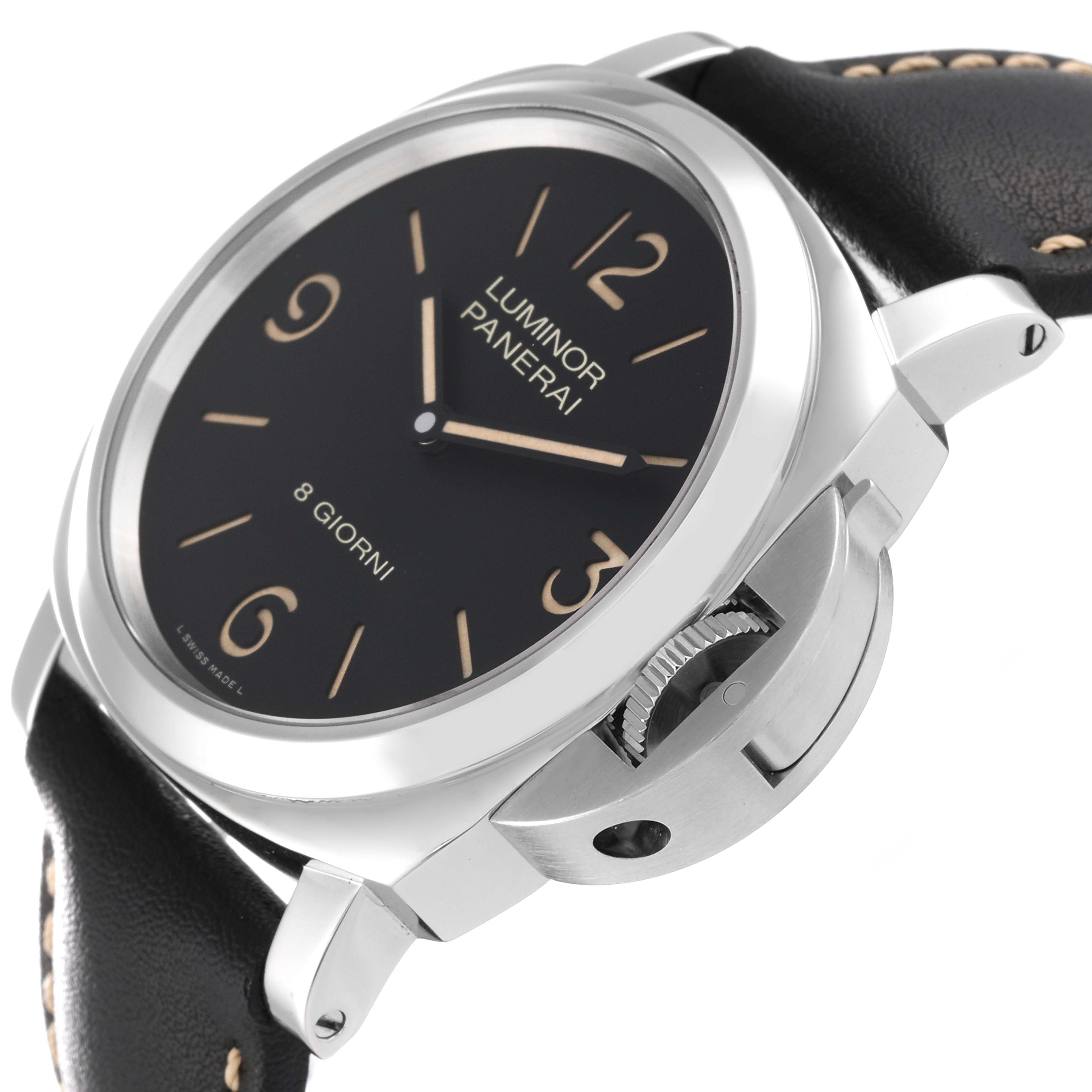 The image shows a close-up angled view of the Panerai Luminor PAM00914 Men's Stainless Steel Black Dial PAM00914 Men's Stainless Steel Black Dial watch, highlighting the face, bezel, crown guard, and leather strap.