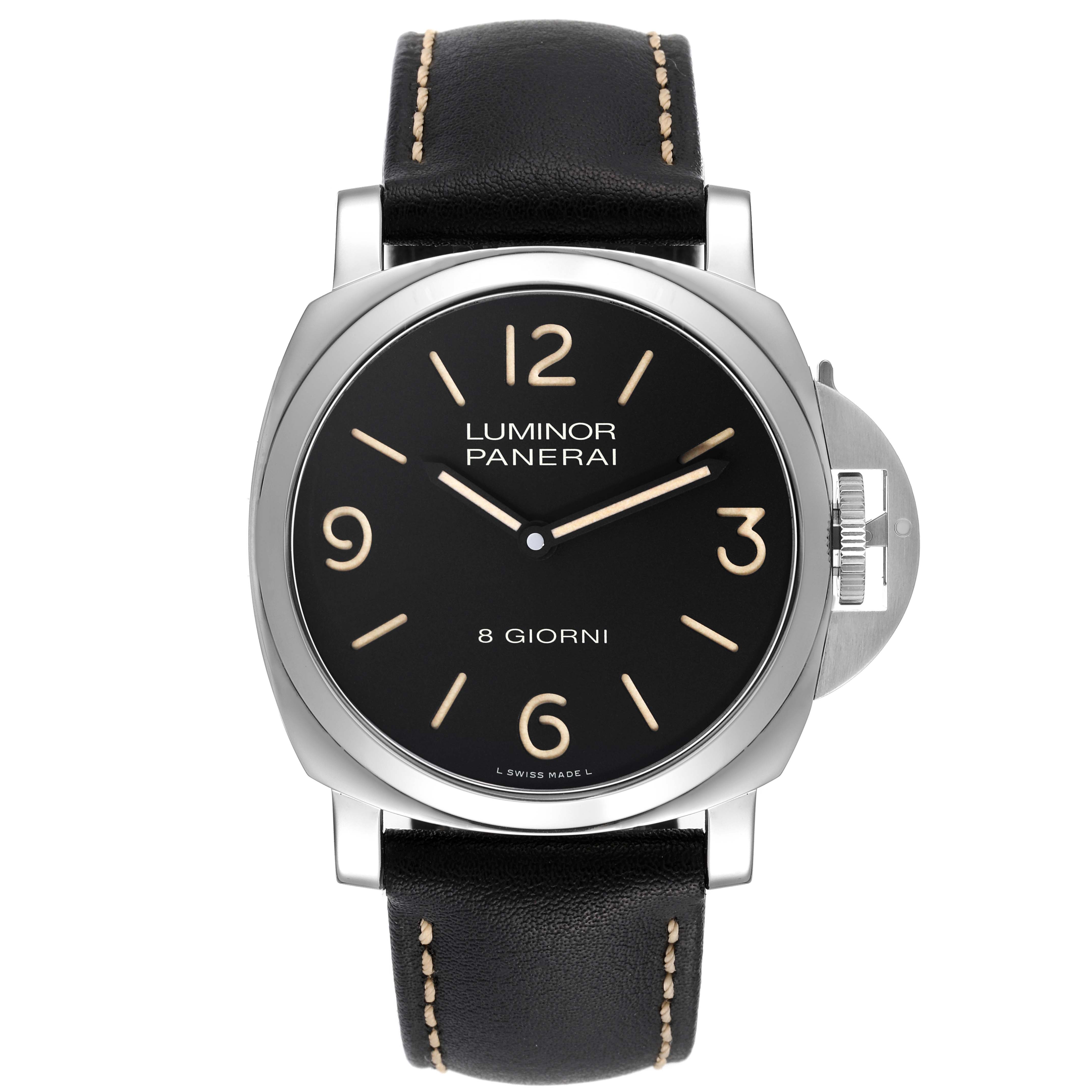 The image shows a front view of the Panerai Luminor PAM00914 Men's Stainless Steel Black Dial PAM00914 Men's Stainless Steel Black Dial watch, displaying the face, strap, and crown guard.