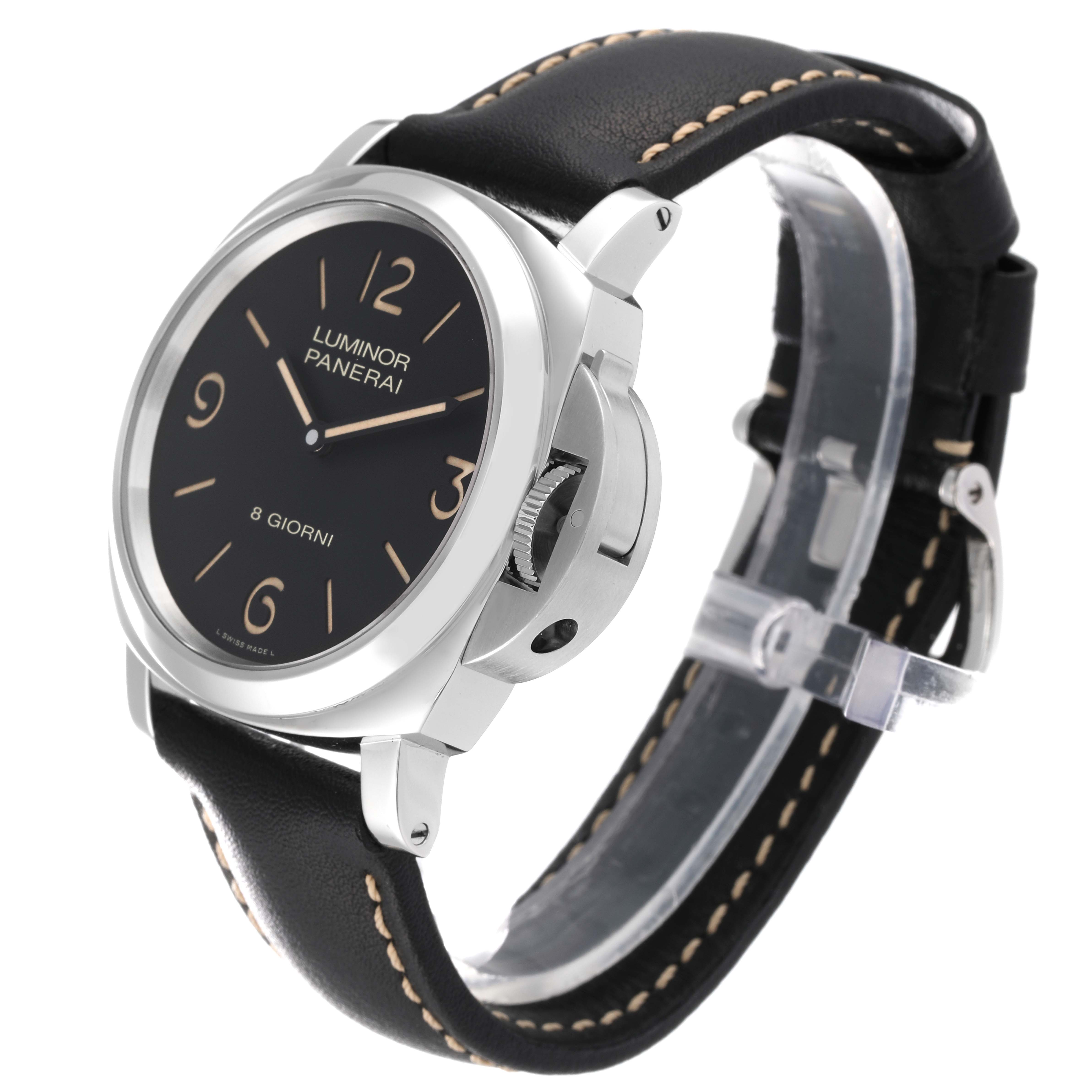 This image shows a side angle view of the Luminor Panerai watch, highlighting the dial, bezel, and leather strap.