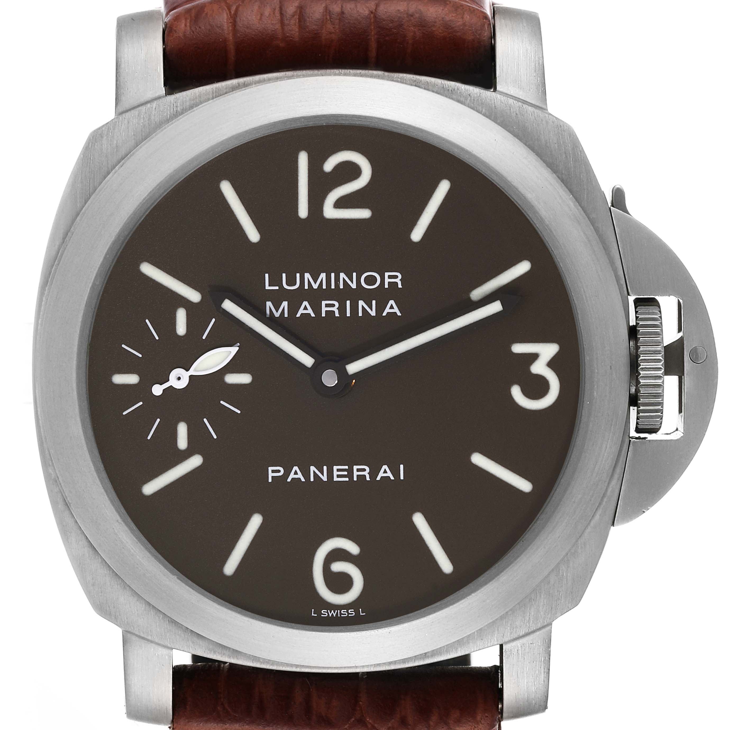 This image shows the front view of a Panerai Luminor PAM00118 Men's Titanium Brown Dial PAM00118 Men's Titanium Brown Dial Marina watch, displaying its dial, bezel, and crown protector.