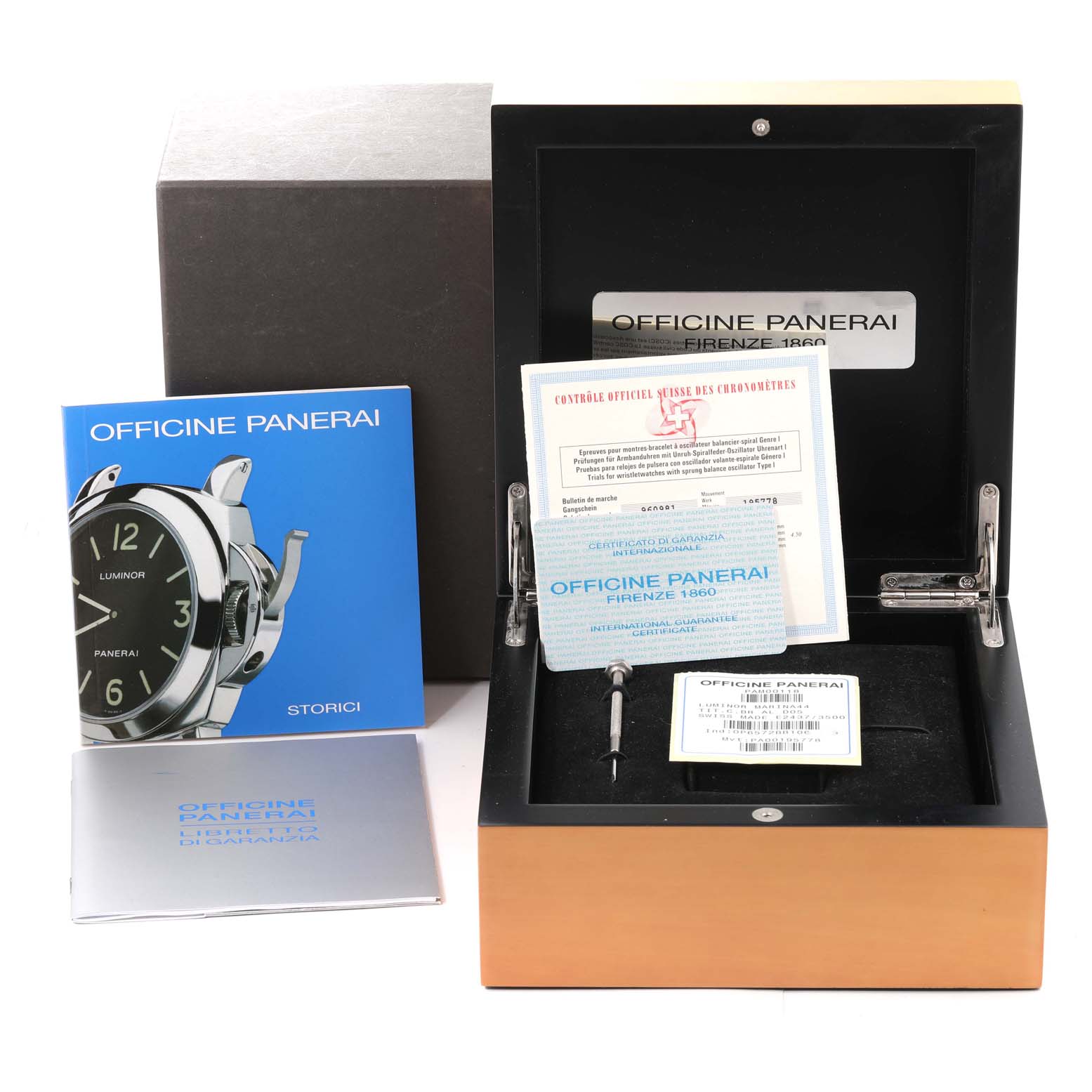 The image shows the packaging, documents, and a case containing tools for a Panerai Luminor PAM00118 Men's Titanium Brown Dial PAM00118 Men's Titanium Brown Dial watch.
