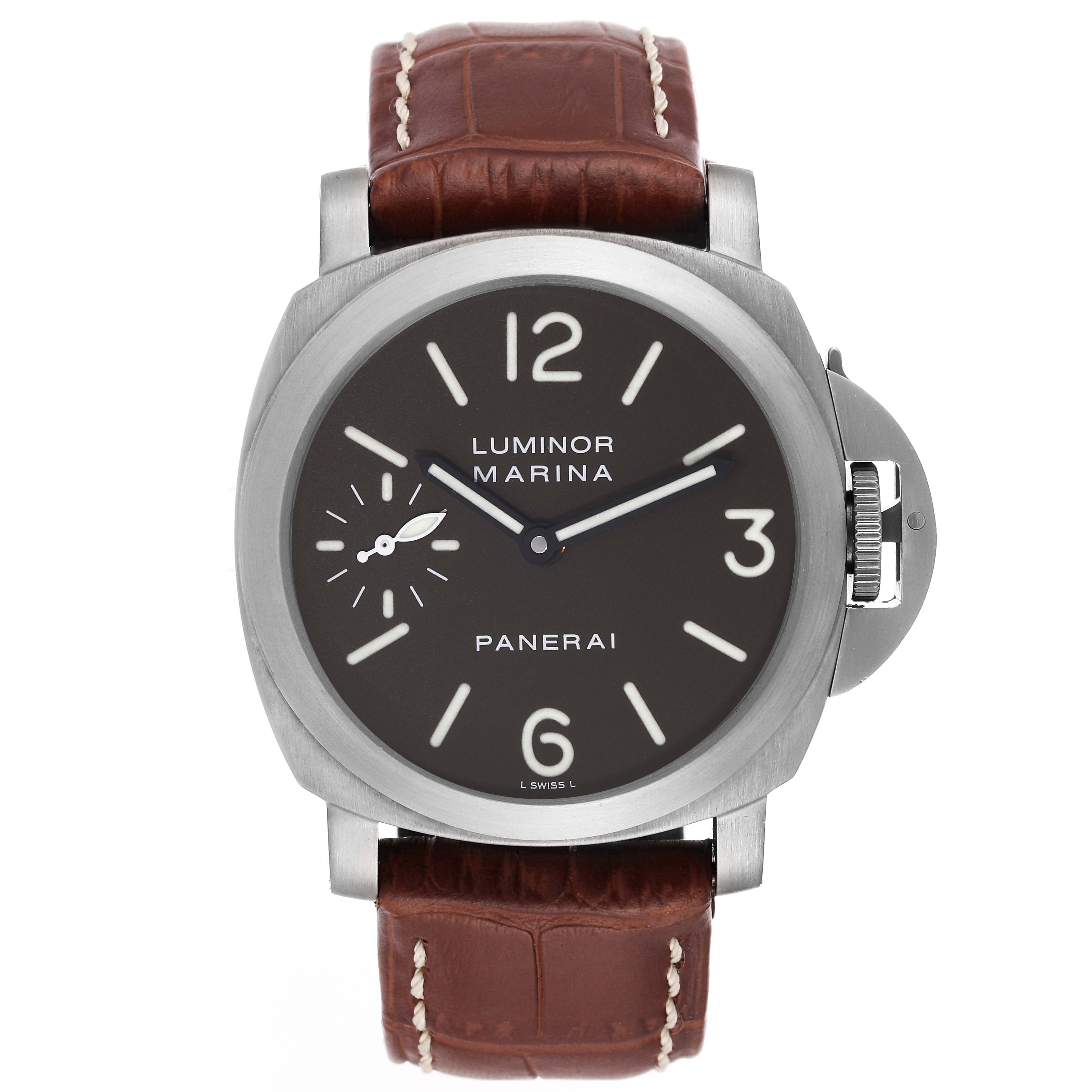 The Panerai Luminor PAM00118 Men's Titanium Brown Dial PAM00118 Men's Titanium Brown Dial watch is shown from the front, highlighting its dial, hands, case, crown guard, and brown leather strap.