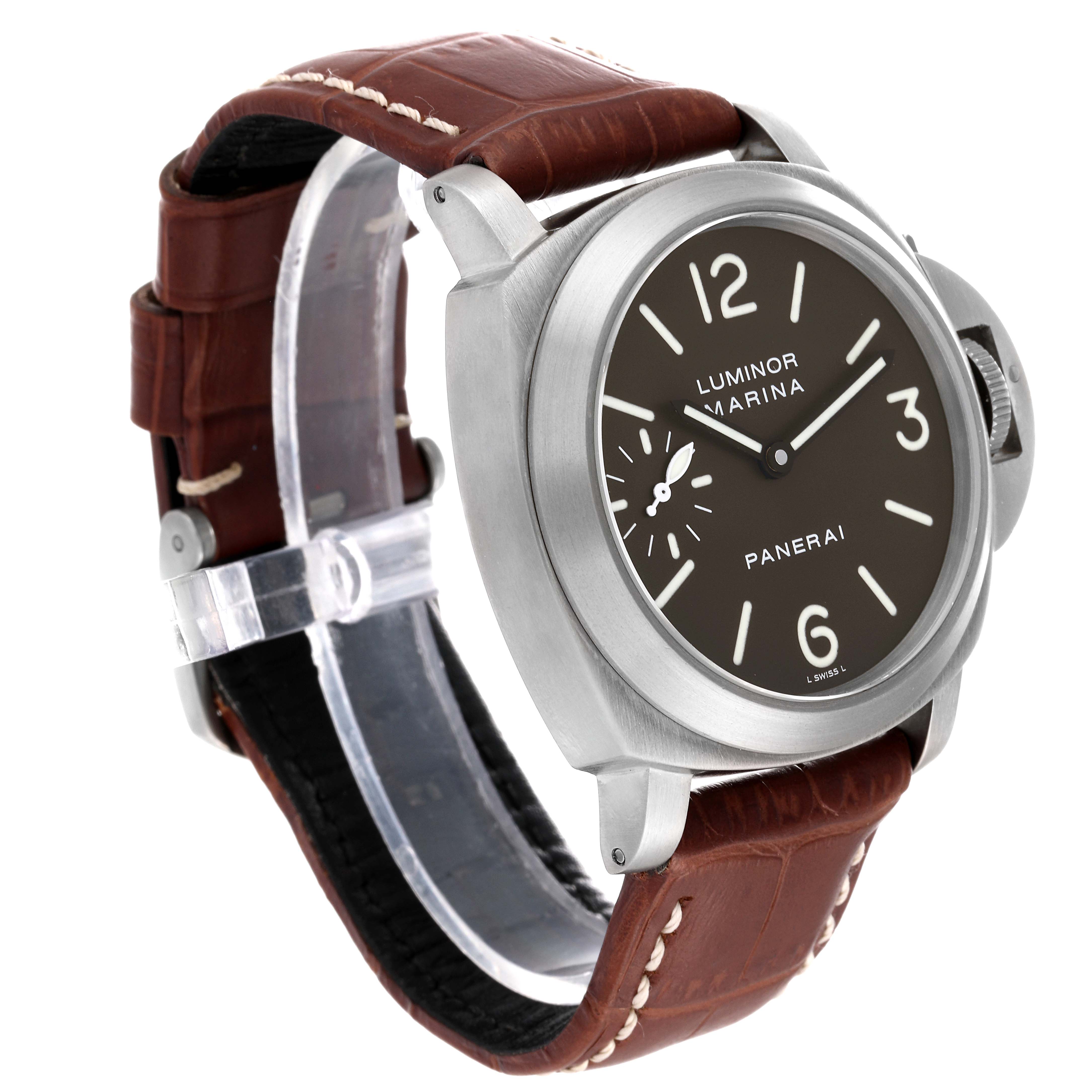 The image shows a side angle of the Panerai Luminor PAM00118 Men's Titanium Brown Dial PAM00118 Men's Titanium Brown Dial Marina watch, highlighting the dial, case, and leather strap.