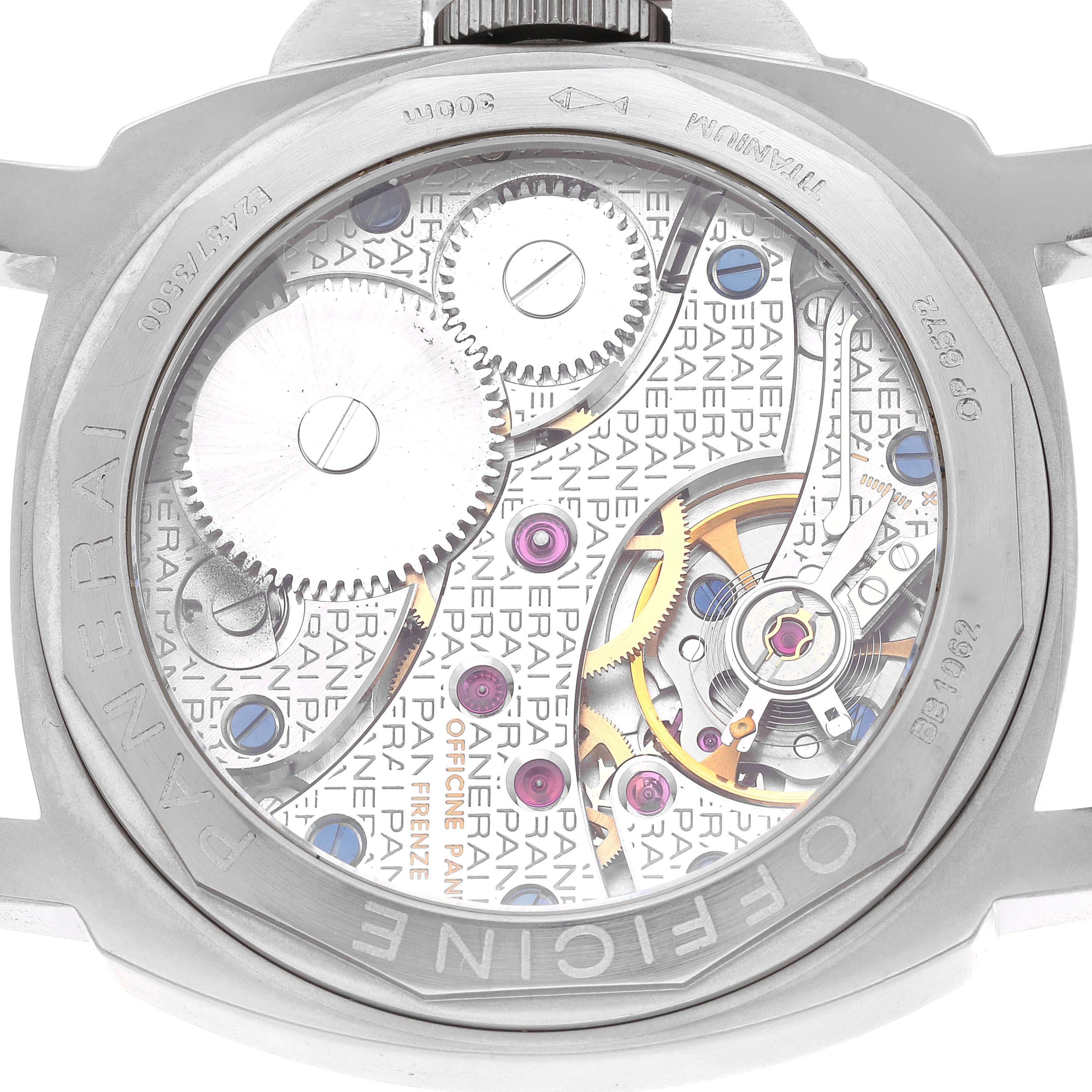 This image shows the back case and internal mechanism of a Panerai Luminor PAM00118 Men's Titanium Brown Dial PAM00118 Men's Titanium Brown Dial watch.