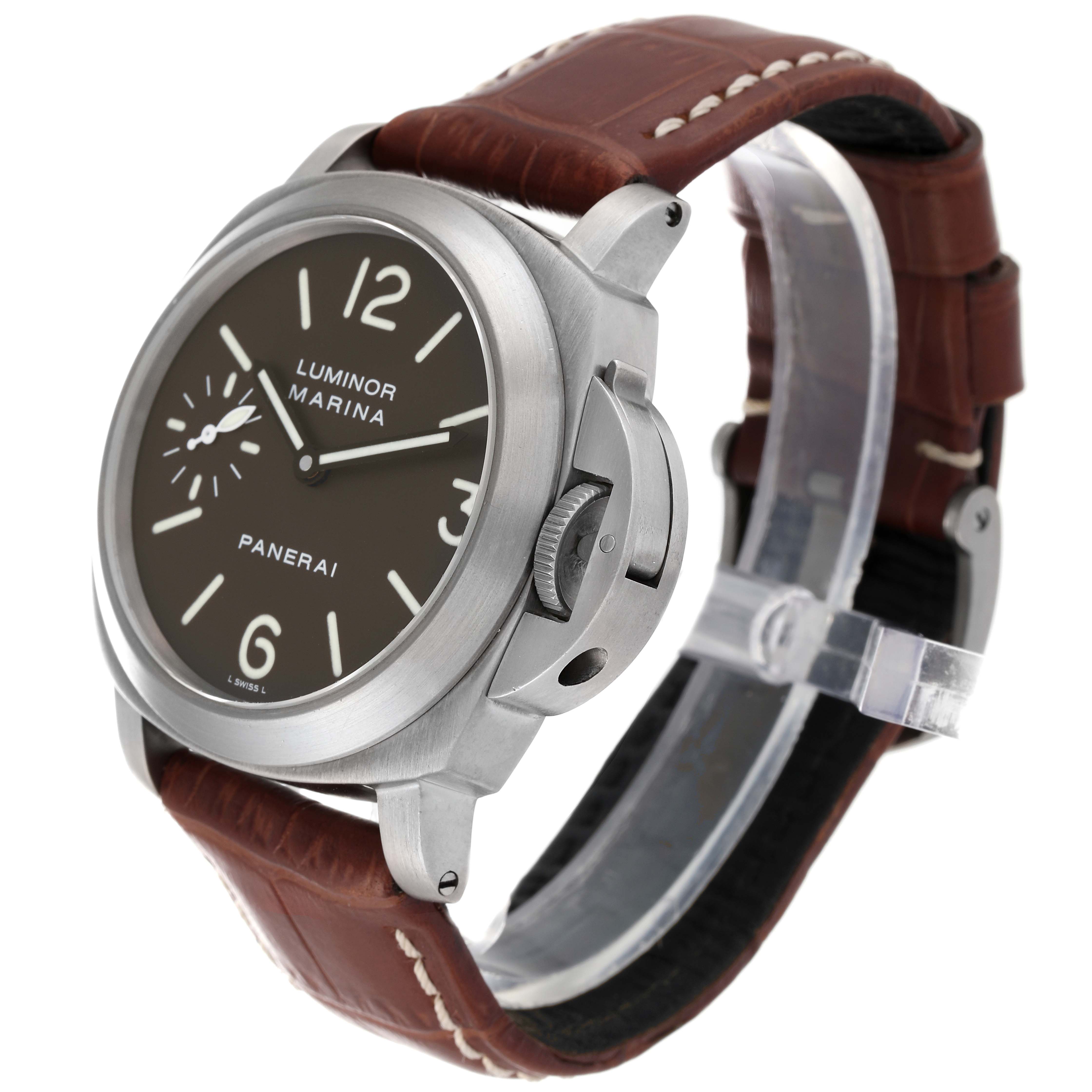 The image shows a Panerai Luminor PAM00118 Men's Titanium Brown Dial PAM00118 Men's Titanium Brown Dial Marina watch at a three-quarter angle, highlighting its dial, case, and brown leather strap.