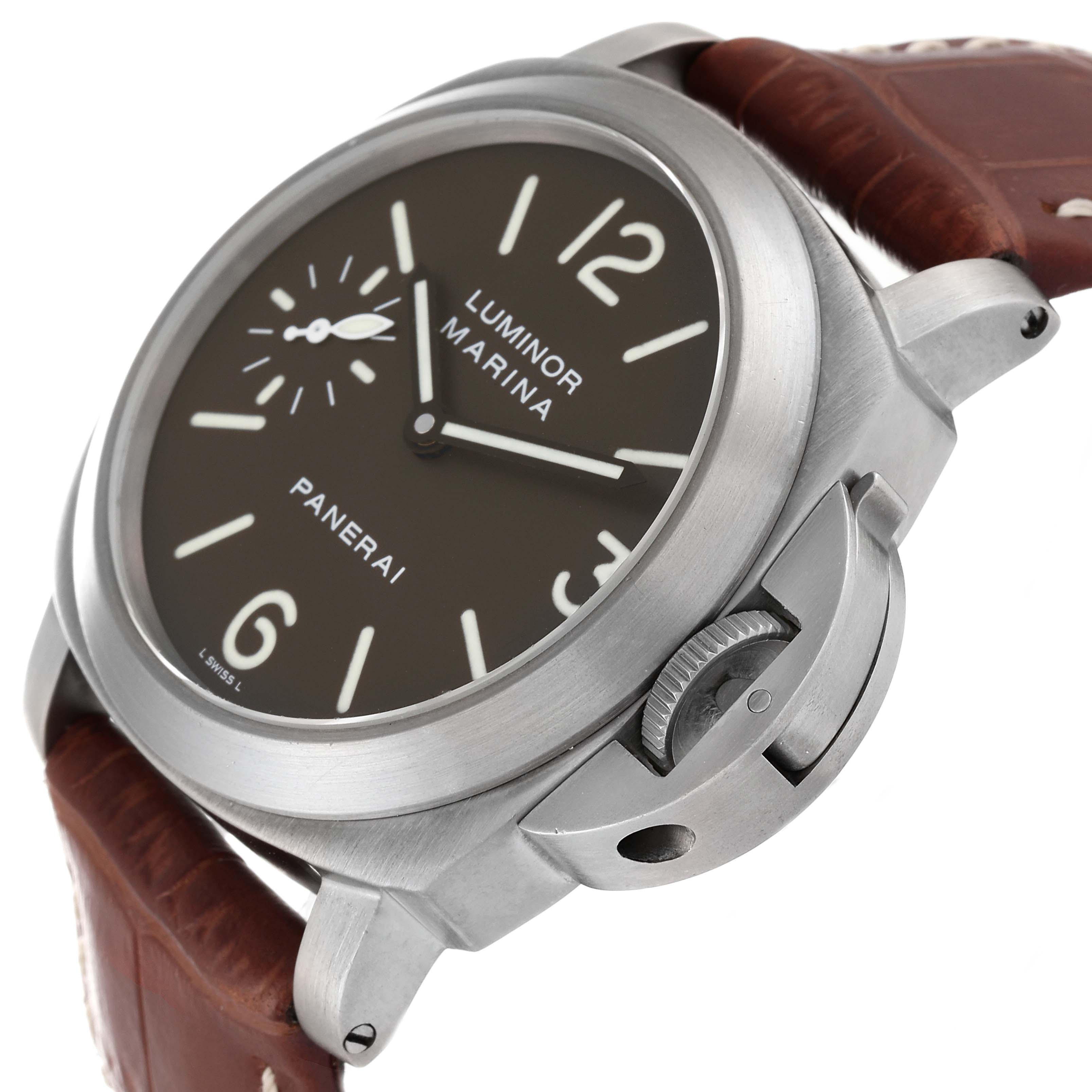 The image shows a Panerai Luminor PAM00118 Men's Titanium Brown Dial PAM00118 Men's Titanium Brown Dial watch at a slight angle, highlighting its face, crown guard, and brown strap.