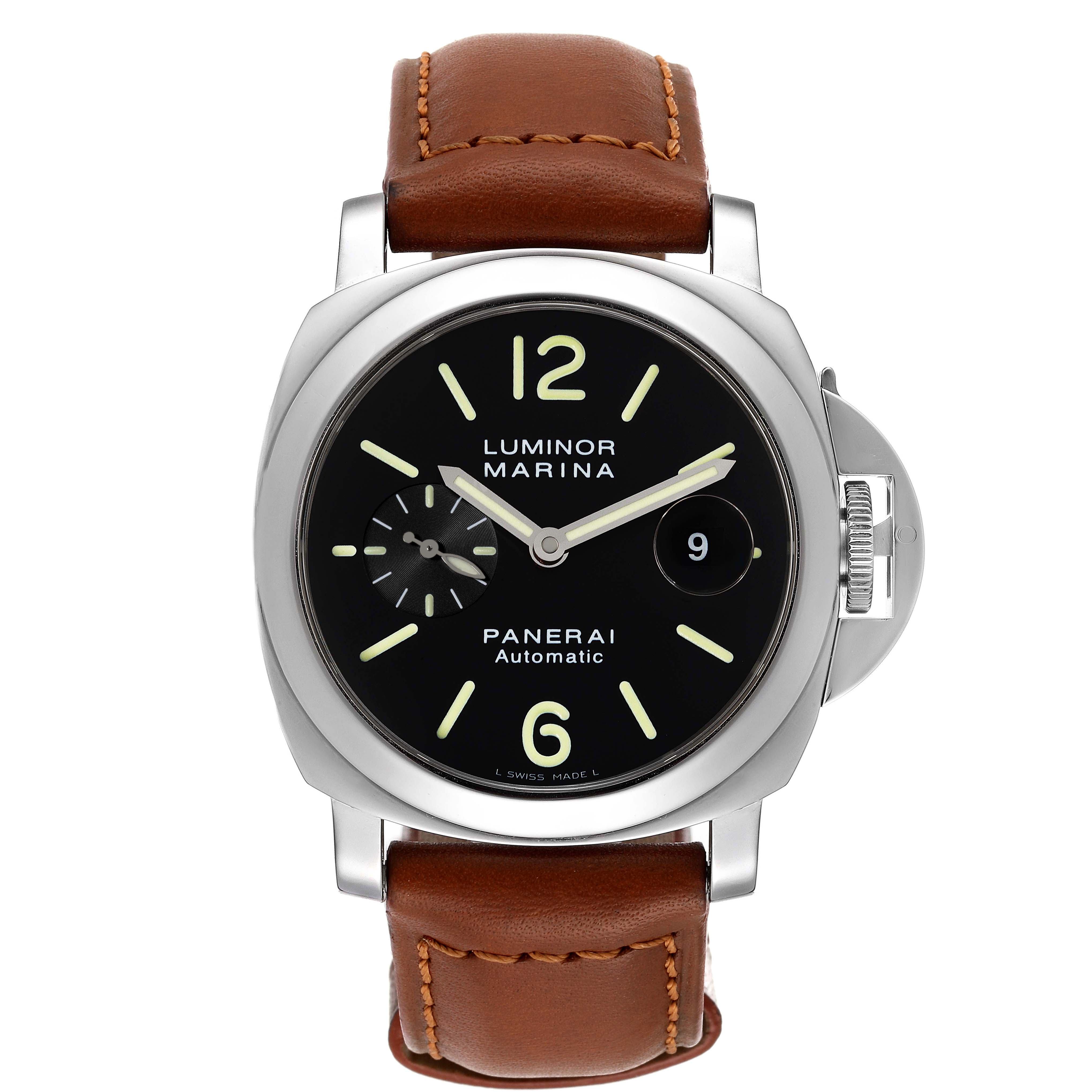 The image shows a front view of a Panerai Luminor PAM00104 Men
s Stainless Steel Black Dial PAM00104 Men
s Stainless Steel Black Dial Marina watch with a brown leather strap.