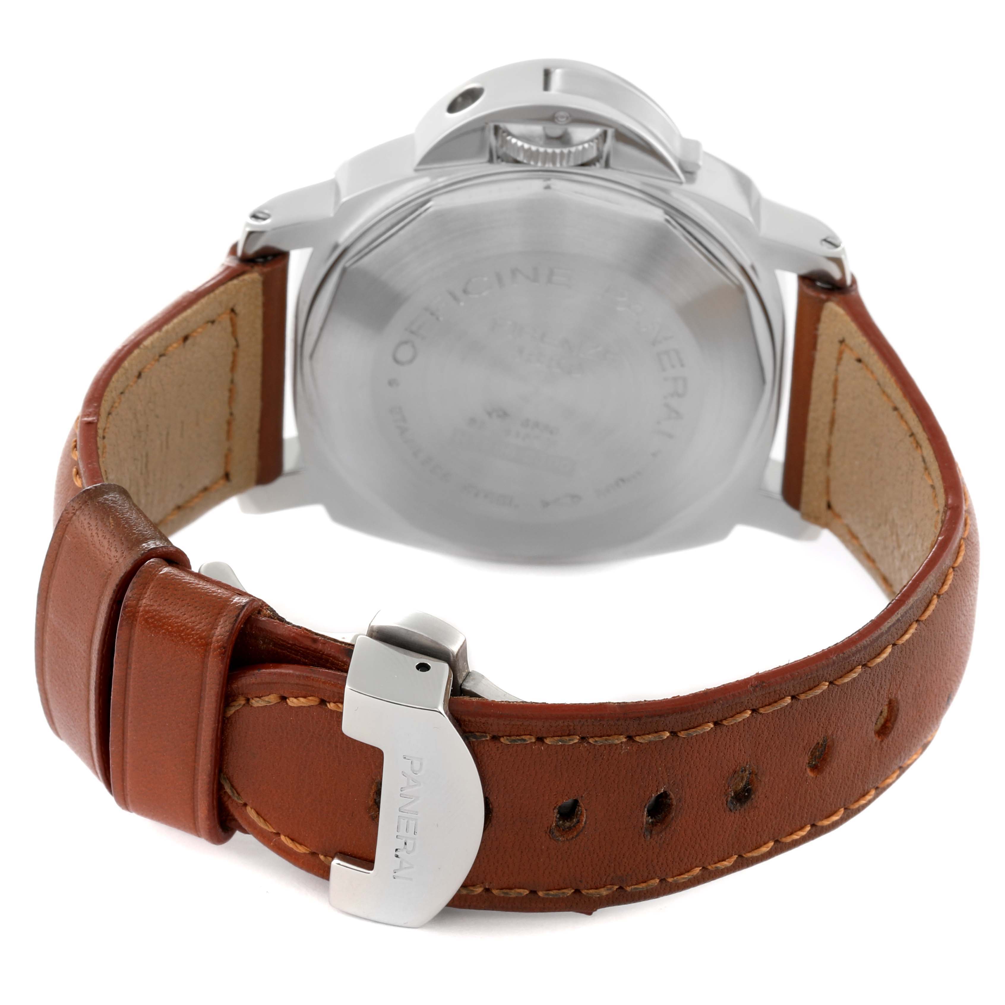 The image shows the back view of a Panerai Luminor PAM00104 Men
s Stainless Steel Black Dial PAM00104 Men
s Stainless Steel Black Dial watch, highlighting its case back and leather strap with buckle.