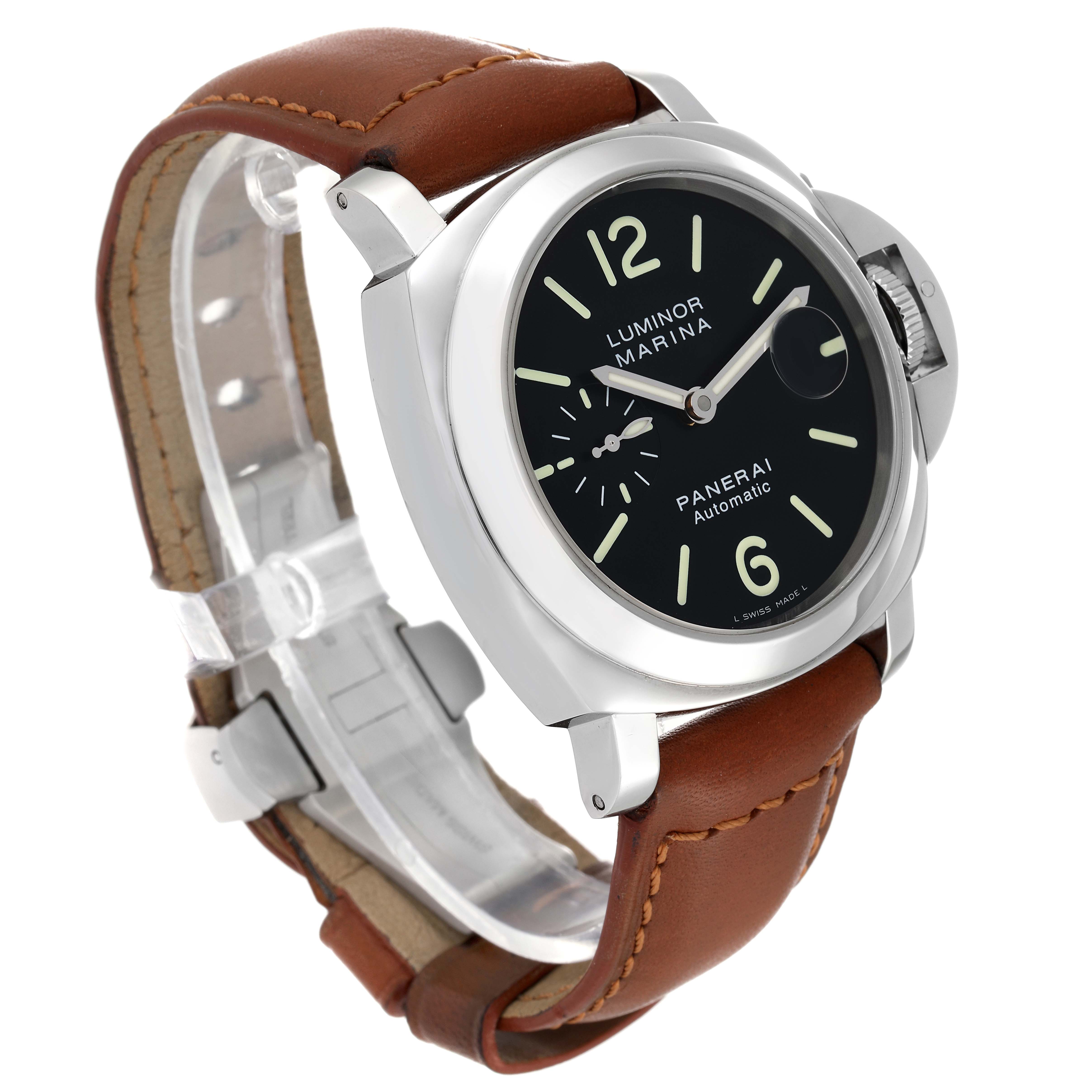 The Panerai Luminor PAM00104 Men
s Stainless Steel Black Dial PAM00104 Men
s Stainless Steel Black Dial watch is shown at a three-quarter angle, highlighting the face, crown, and brown leather strap.