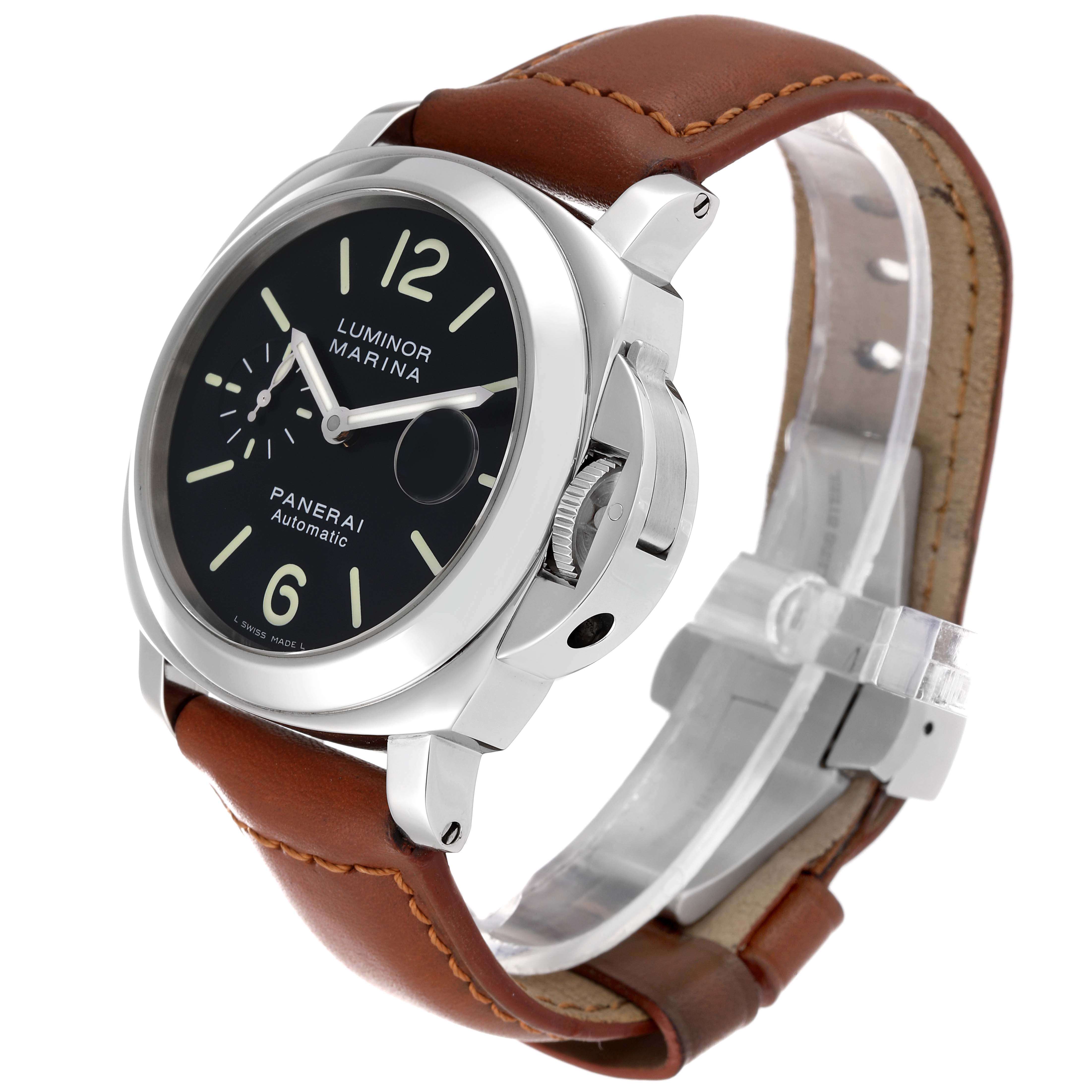 The image shows a side angle of a Panerai Luminor PAM00104 Men
s Stainless Steel Black Dial PAM00104 Men
s Stainless Steel Black Dial Marina watch, highlighting the dial, crown, and brown leather strap.