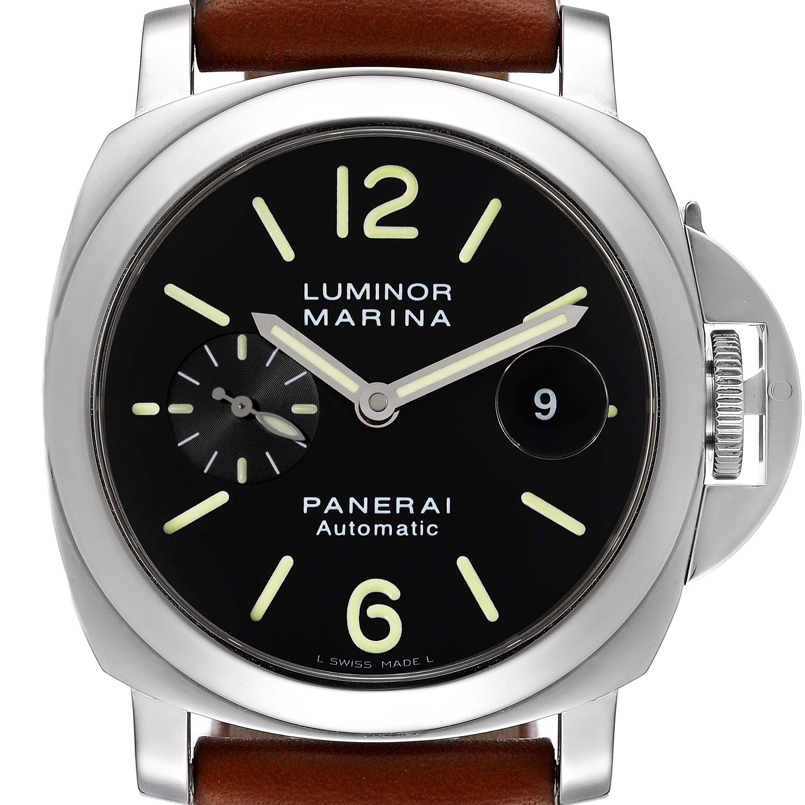 The image shows a front view of the Panerai Luminor PAM00104 Men
s Stainless Steel Black Dial PAM00104 Men
s Stainless Steel Black Dial Marina watch, featuring its black dial, luminous markers, and brown leather strap.