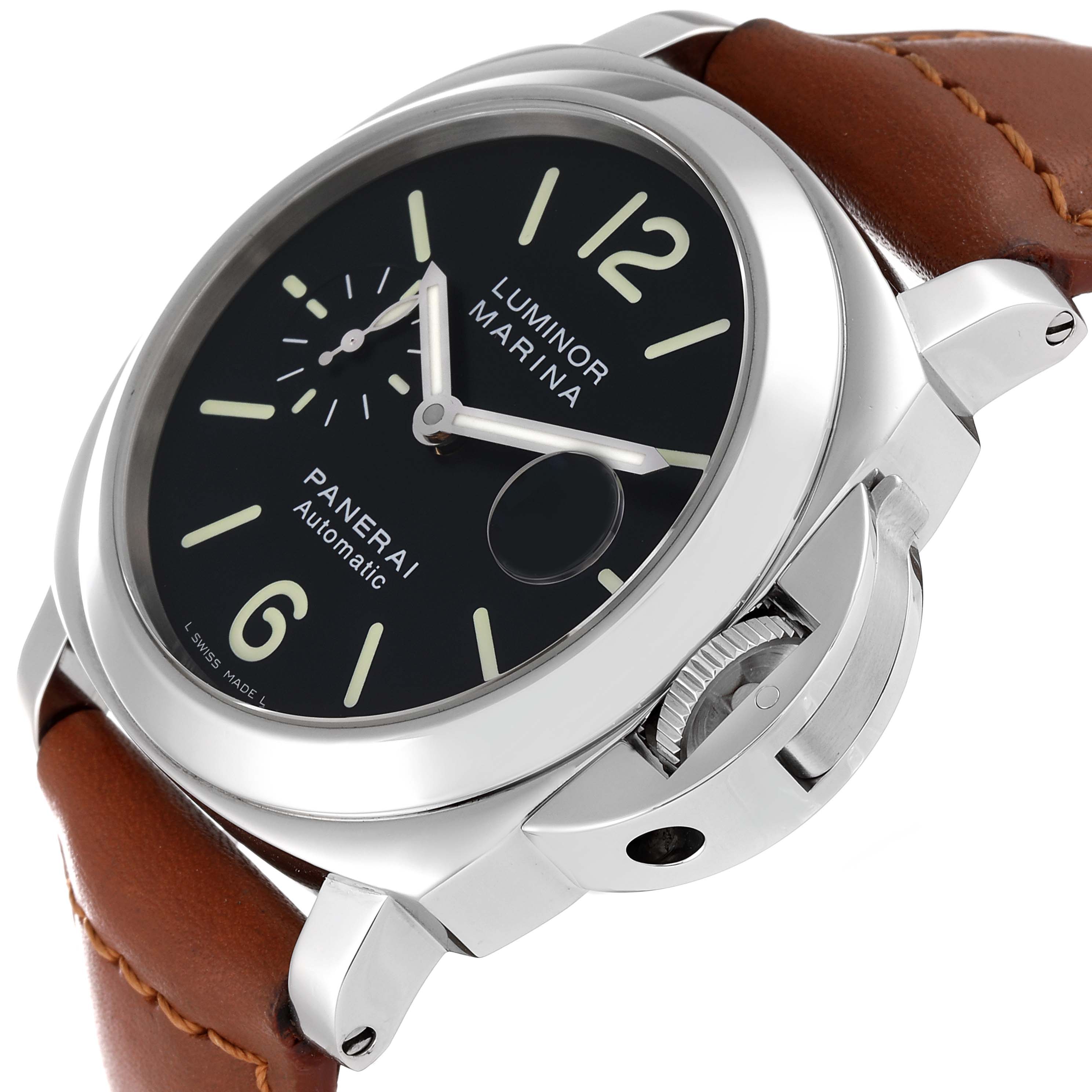The Panerai Luminor PAM00104 Men
s Stainless Steel Black Dial PAM00104 Men
s Stainless Steel Black Dial watch is shown at an angle displaying the black dial, crown guard, and brown leather strap.